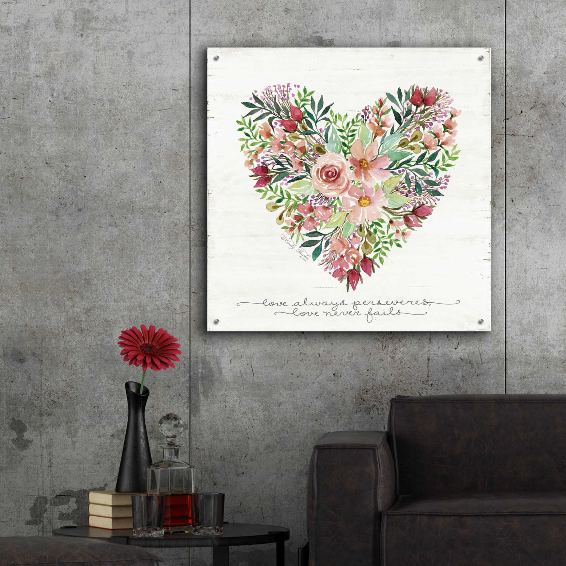 Epic Art 'Love Never Fails Flower Heart' by Cindy Jacobs, Acrylic Glass Wall Art,36x36