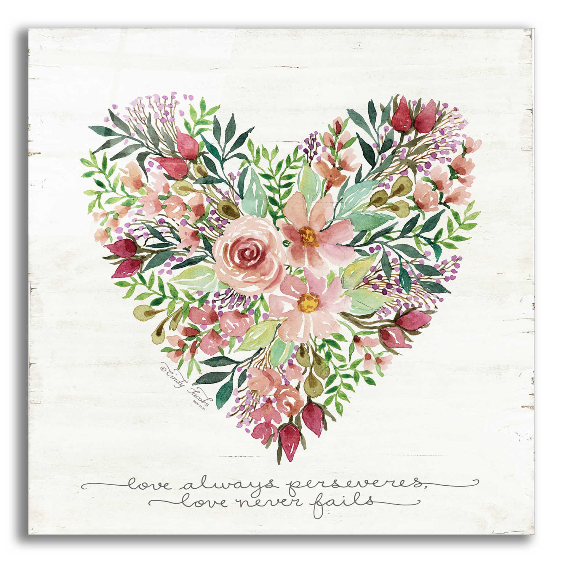 Epic Art 'Love Never Fails Flower Heart' by Cindy Jacobs, Acrylic Glass Wall Art