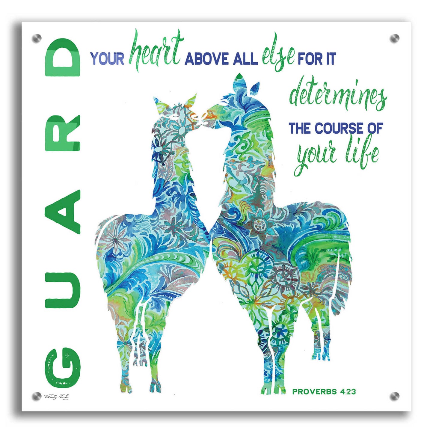 Epic Art 'Guard Your Heart Llamas' by Cindy Jacobs, Acrylic Glass Wall Art,24x24