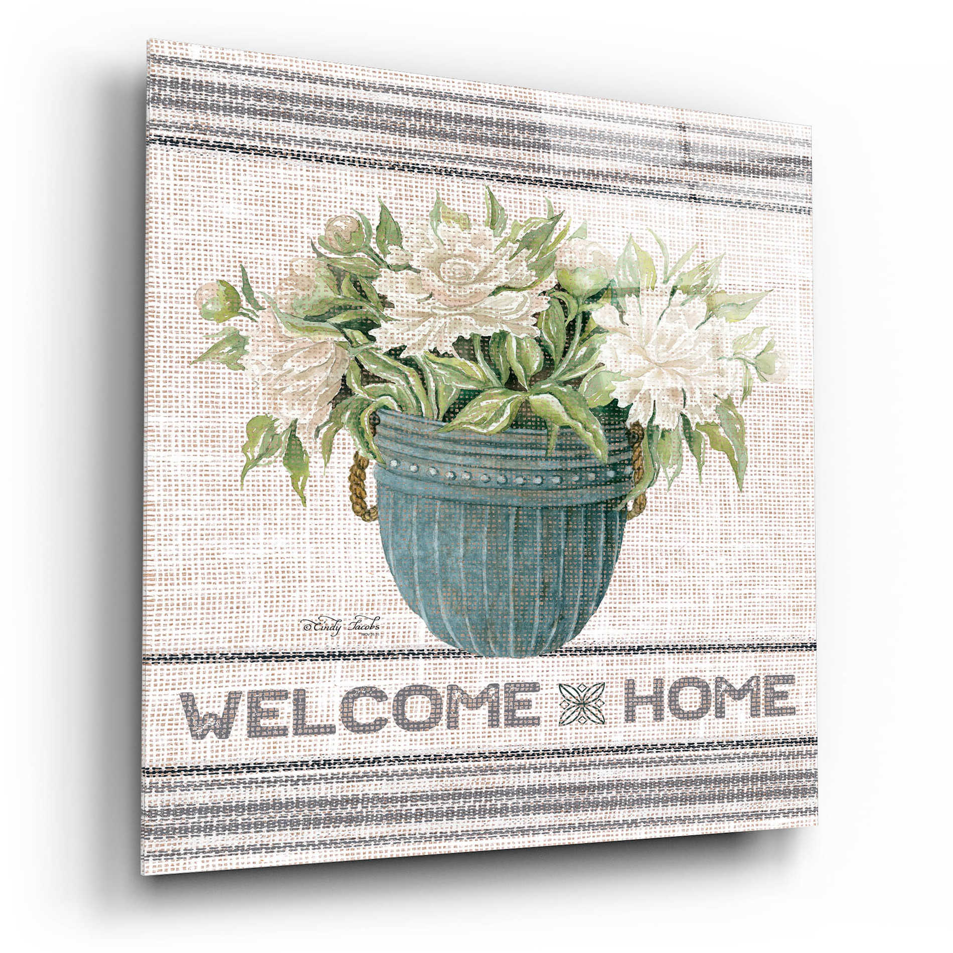 Epic Art 'Galvanized Peonies Welcome Home' by Cindy Jacobs, Acrylic Glass Wall Art,12x12