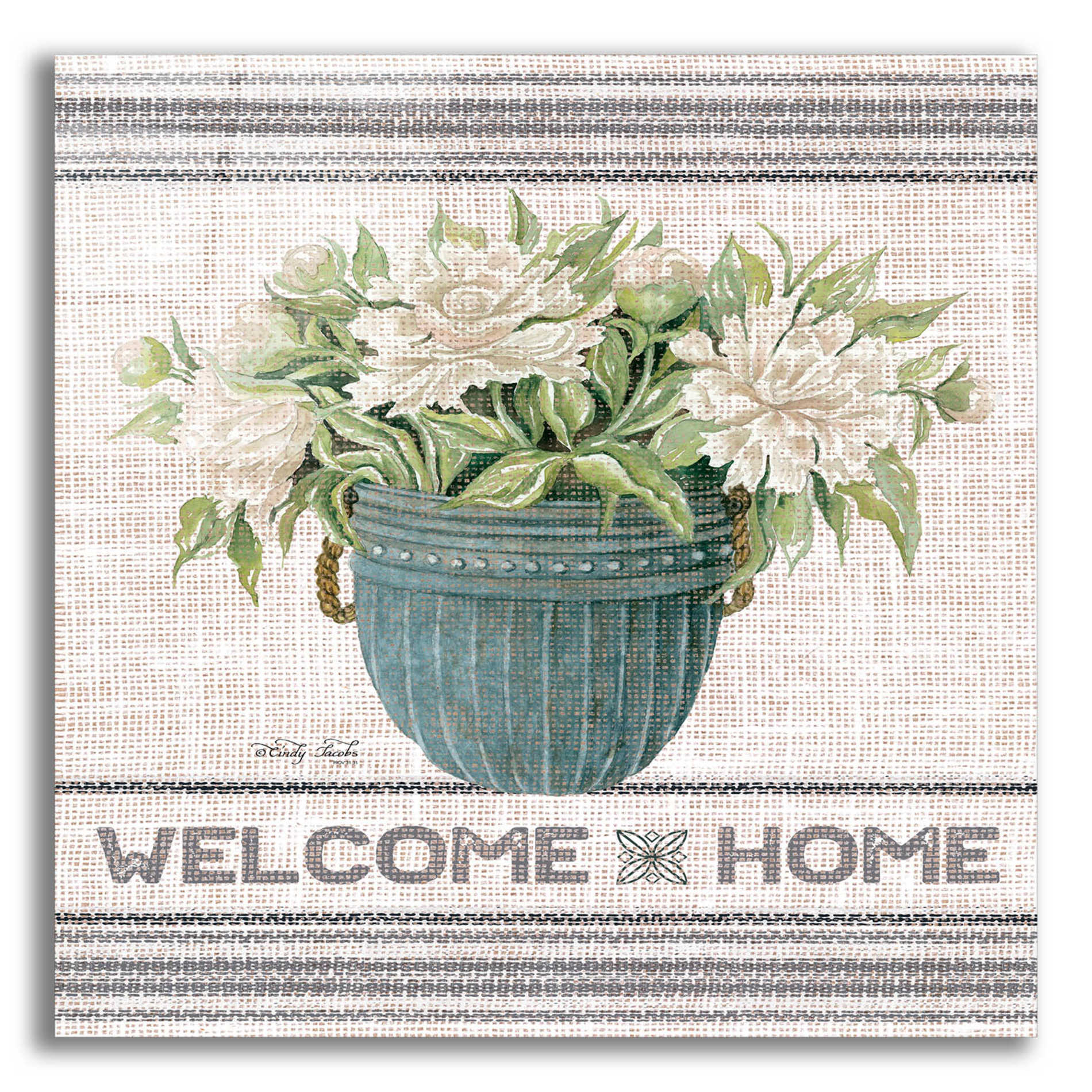 Epic Art 'Galvanized Peonies Welcome Home' by Cindy Jacobs, Acrylic Glass Wall Art,12x12