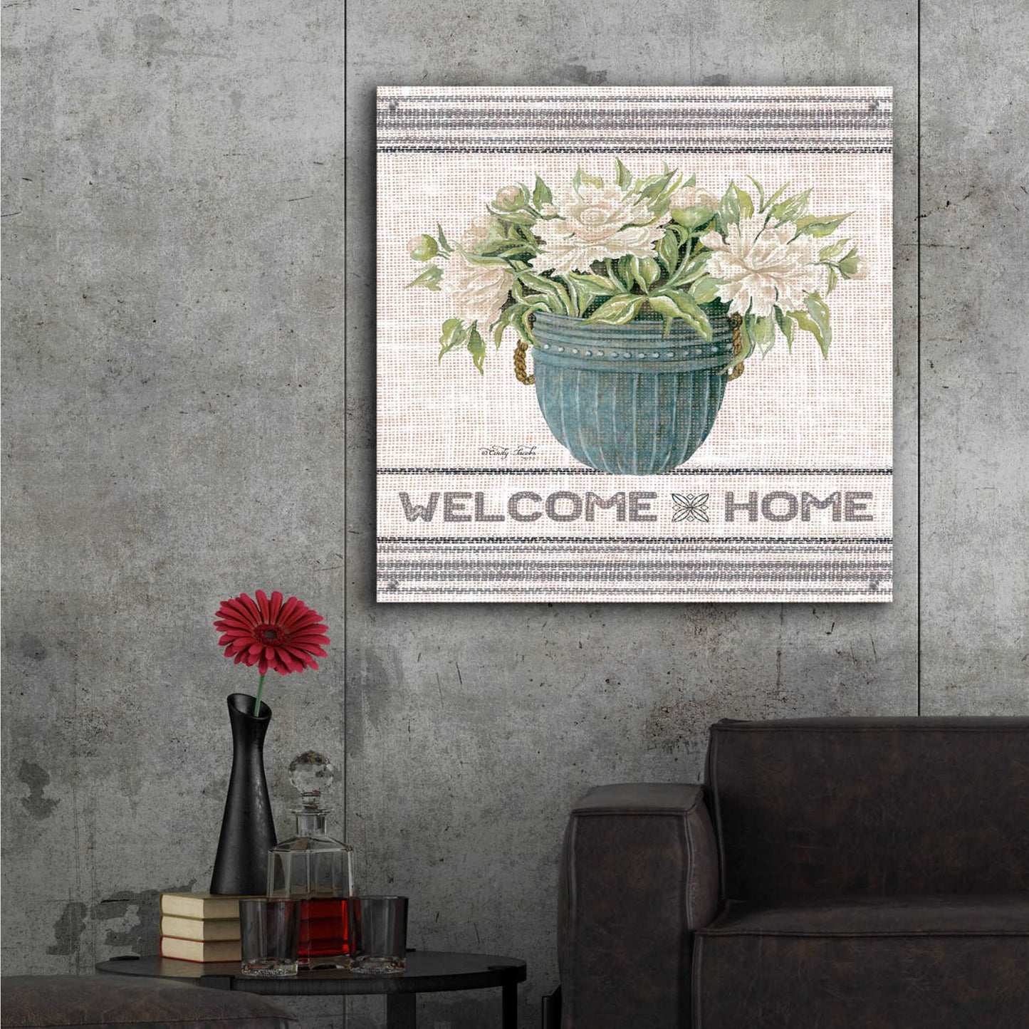 Epic Art 'Galvanized Peonies Welcome Home' by Cindy Jacobs, Acrylic Glass Wall Art,36x36