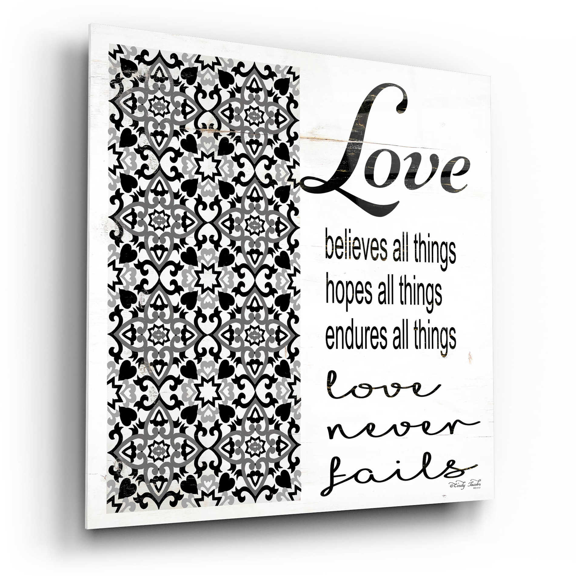 Epic Art 'Love Believes, Hopes, Endures' by Cindy Jacobs, Acrylic Glass Wall Art,12x12