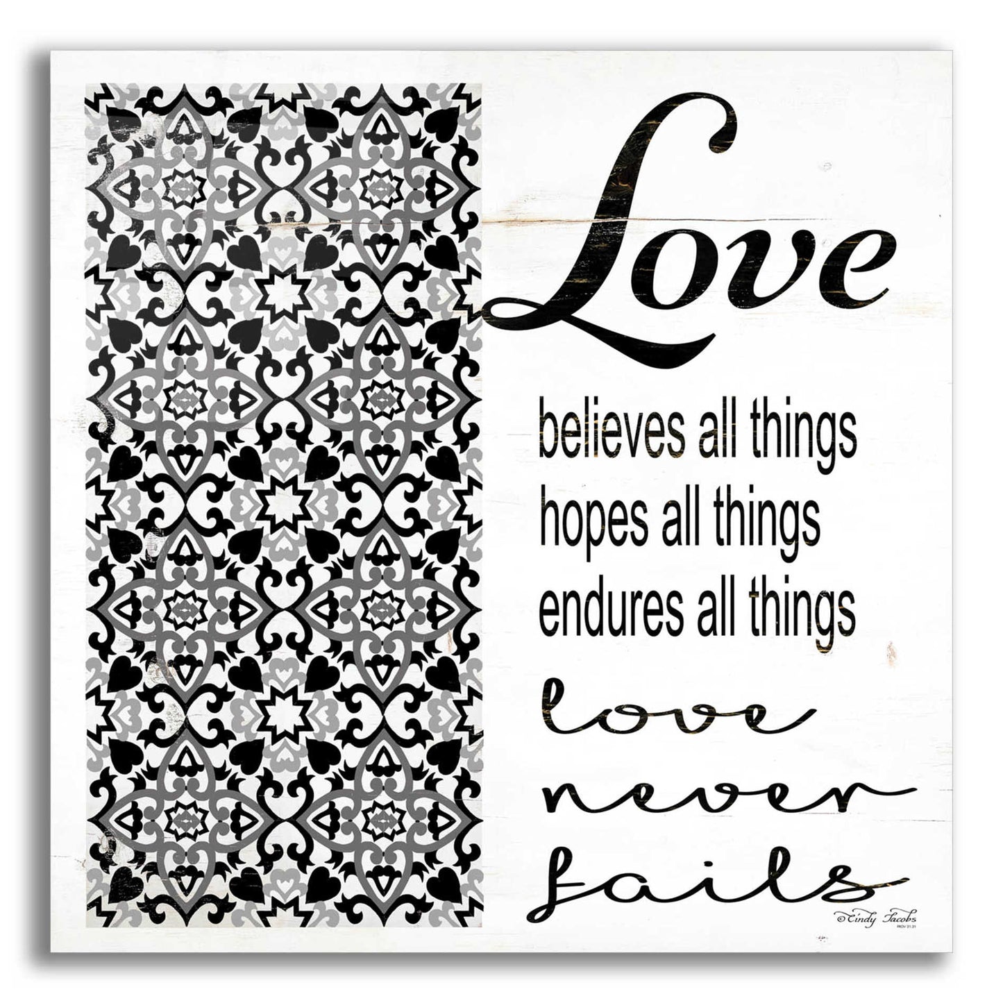 Epic Art 'Love Believes, Hopes, Endures' by Cindy Jacobs, Acrylic Glass Wall Art,12x12