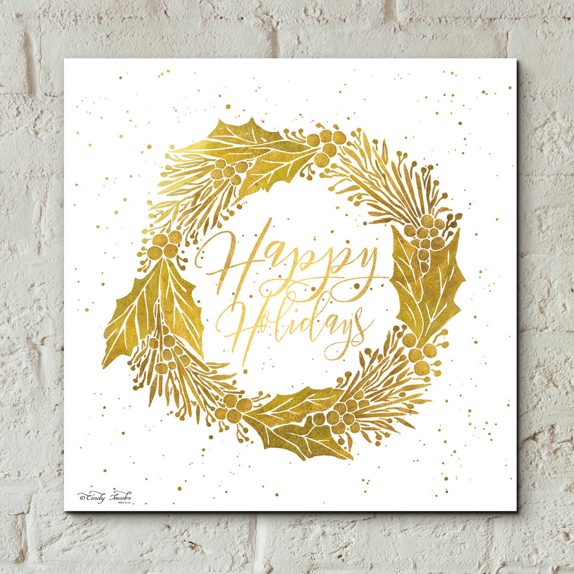 Epic Art 'Happy Holidays Golden Wreath' by Cindy Jacobs, Acrylic Glass Wall Art,12x12