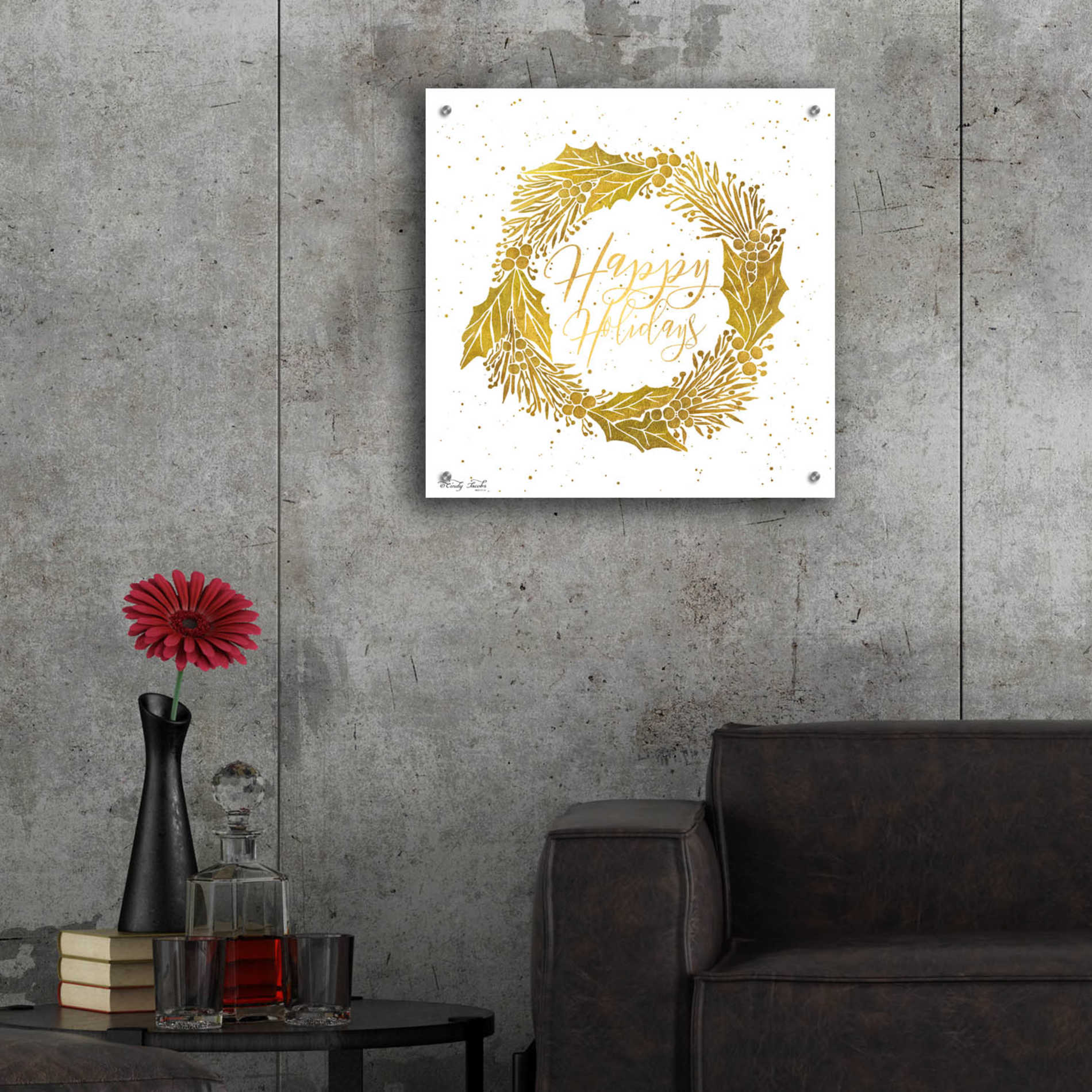 Epic Art 'Happy Holidays Golden Wreath' by Cindy Jacobs, Acrylic Glass Wall Art,24x24