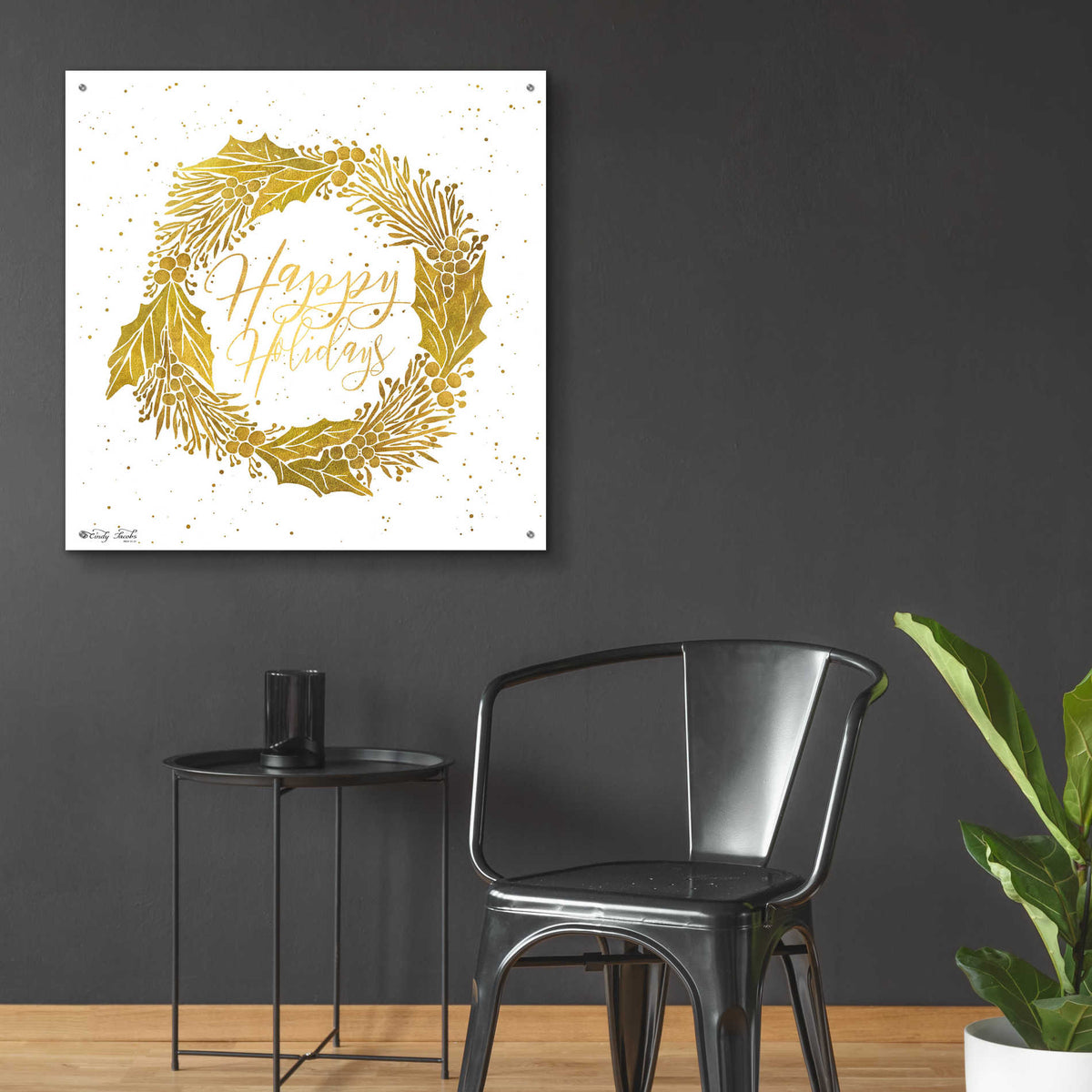 Epic Art 'Happy Holidays Golden Wreath' by Cindy Jacobs, Acrylic Glass Wall Art,36x36