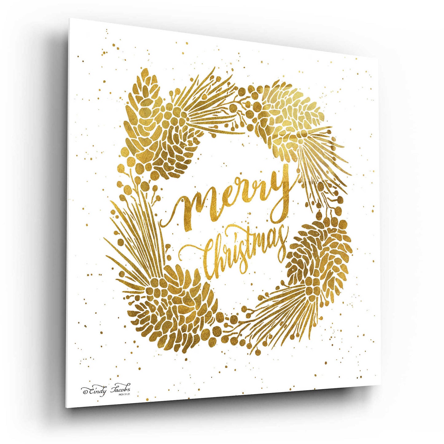 Epic Art 'Merry Christmas Gold Wreath' by Cindy Jacobs, Acrylic Glass Wall Art,12x12