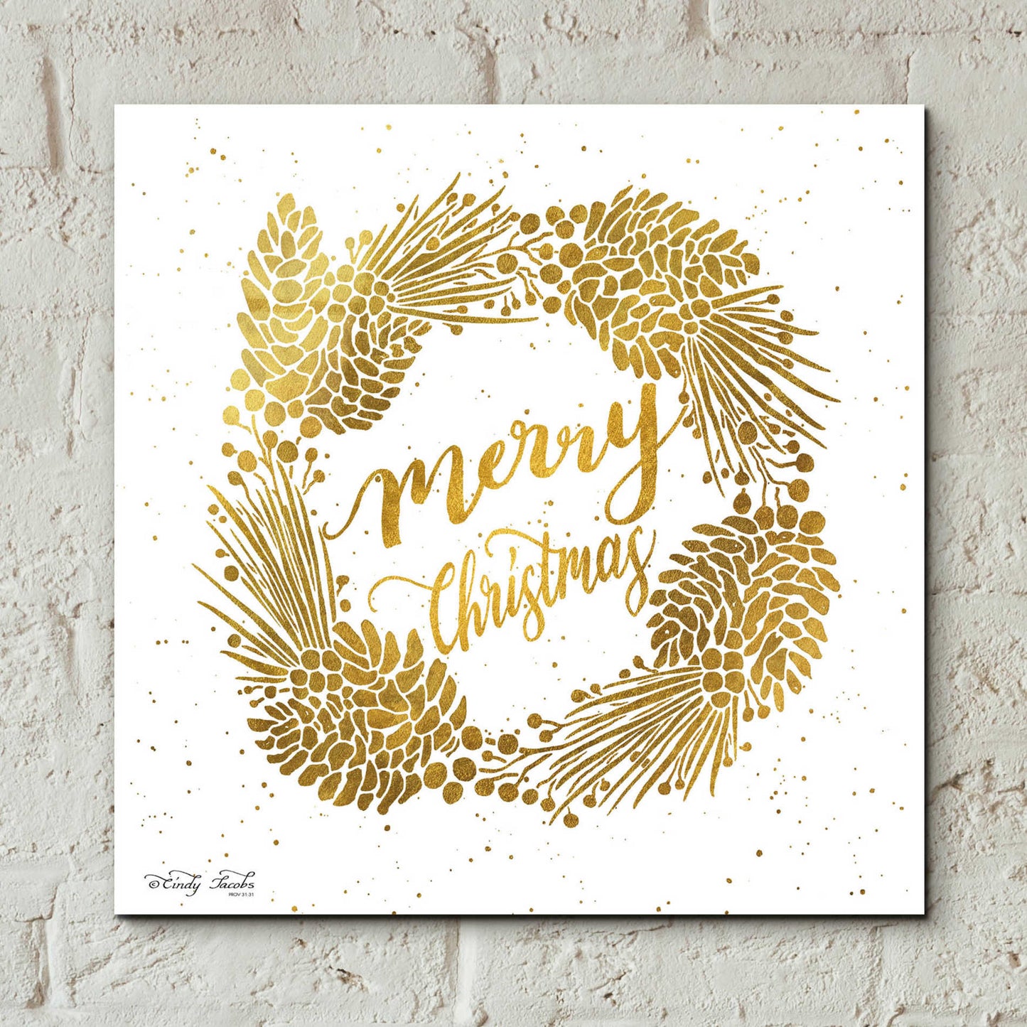 Epic Art 'Merry Christmas Gold Wreath' by Cindy Jacobs, Acrylic Glass Wall Art,12x12