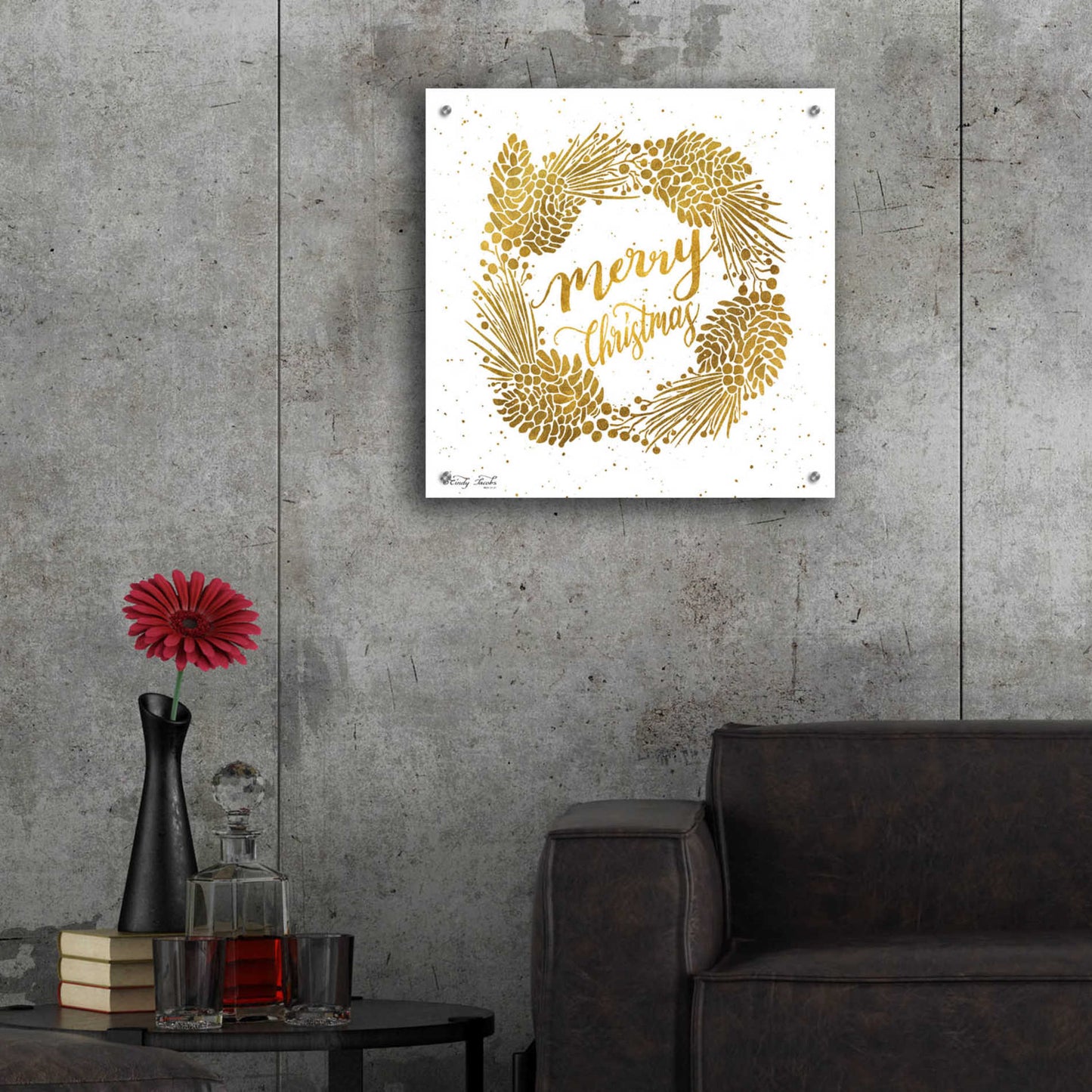 Epic Art 'Merry Christmas Gold Wreath' by Cindy Jacobs, Acrylic Glass Wall Art,24x24