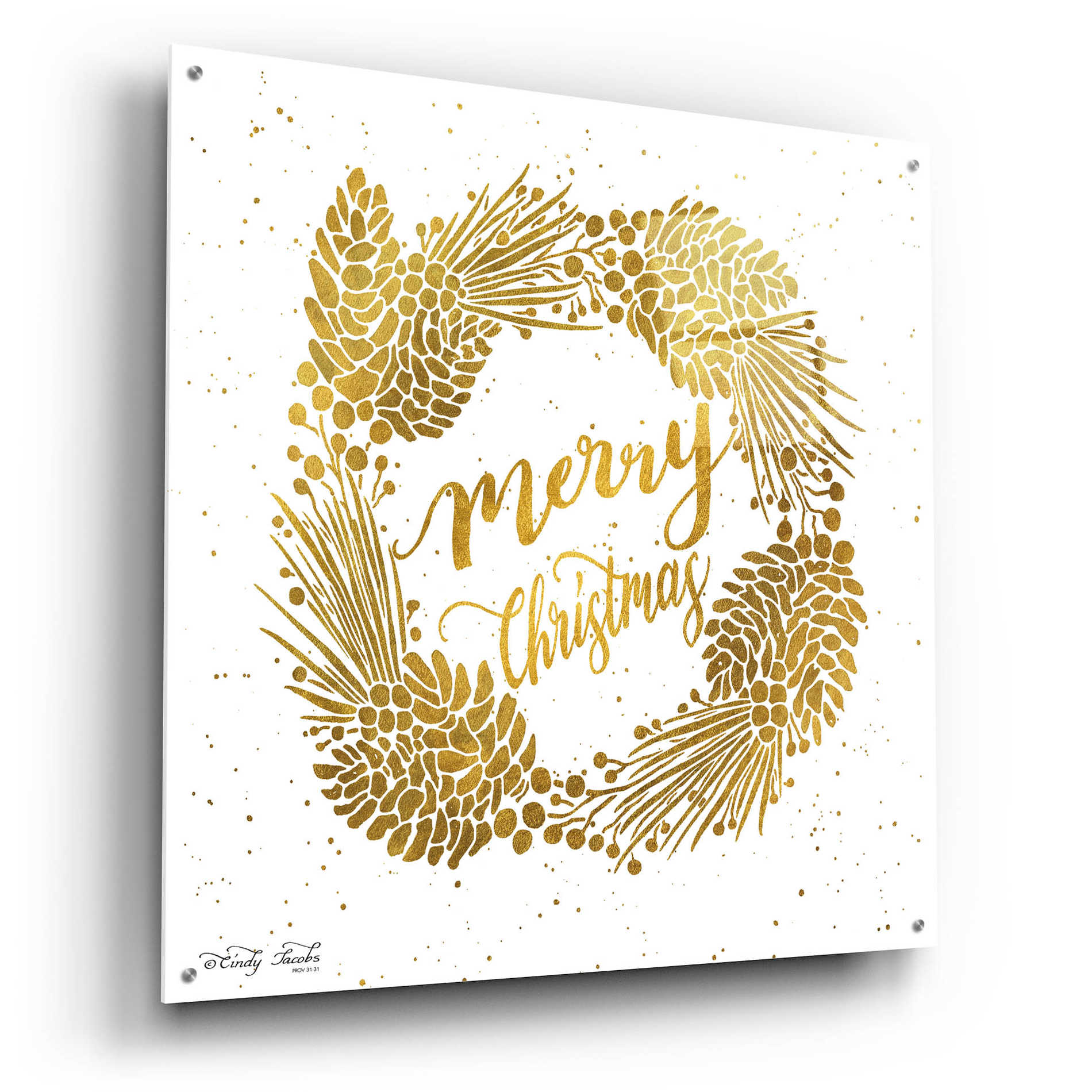 Epic Art 'Merry Christmas Gold Wreath' by Cindy Jacobs, Acrylic Glass Wall Art,36x36