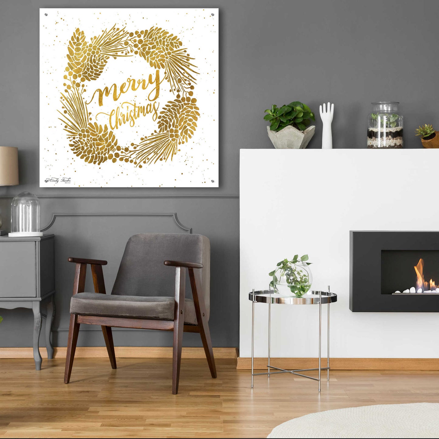 Epic Art 'Merry Christmas Gold Wreath' by Cindy Jacobs, Acrylic Glass Wall Art,36x36