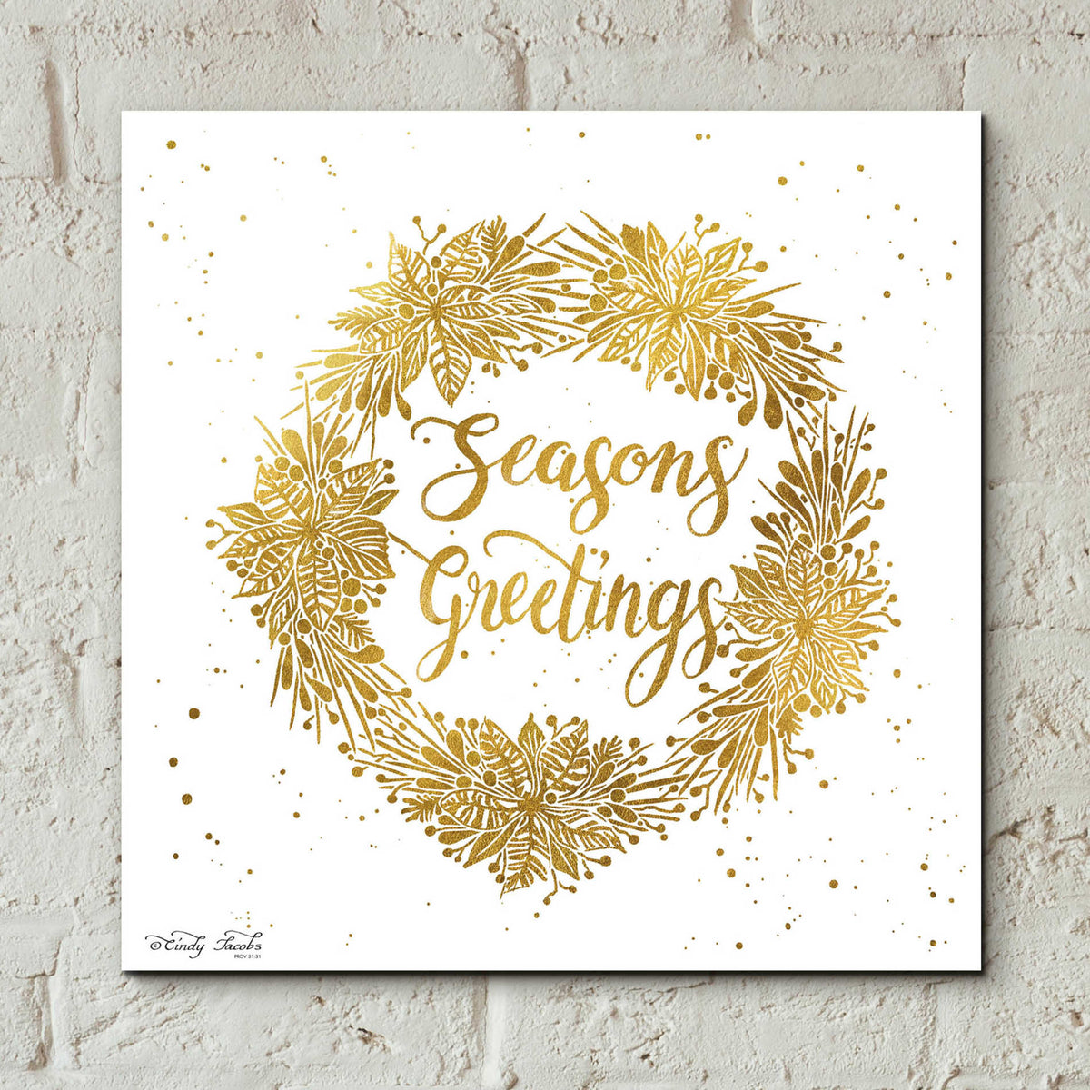 Epic Art 'Seasons Greetings Gold Wreath' by Cindy Jacobs, Acrylic Glass Wall Art,12x12