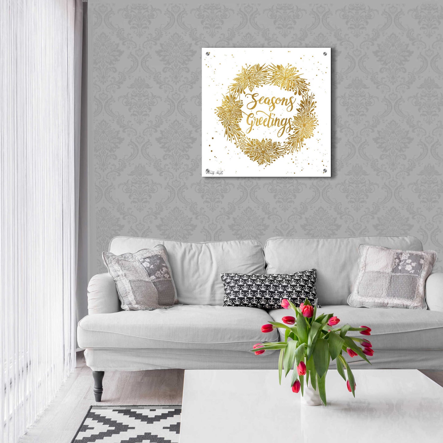 Epic Art 'Seasons Greetings Gold Wreath' by Cindy Jacobs, Acrylic Glass Wall Art,24x24