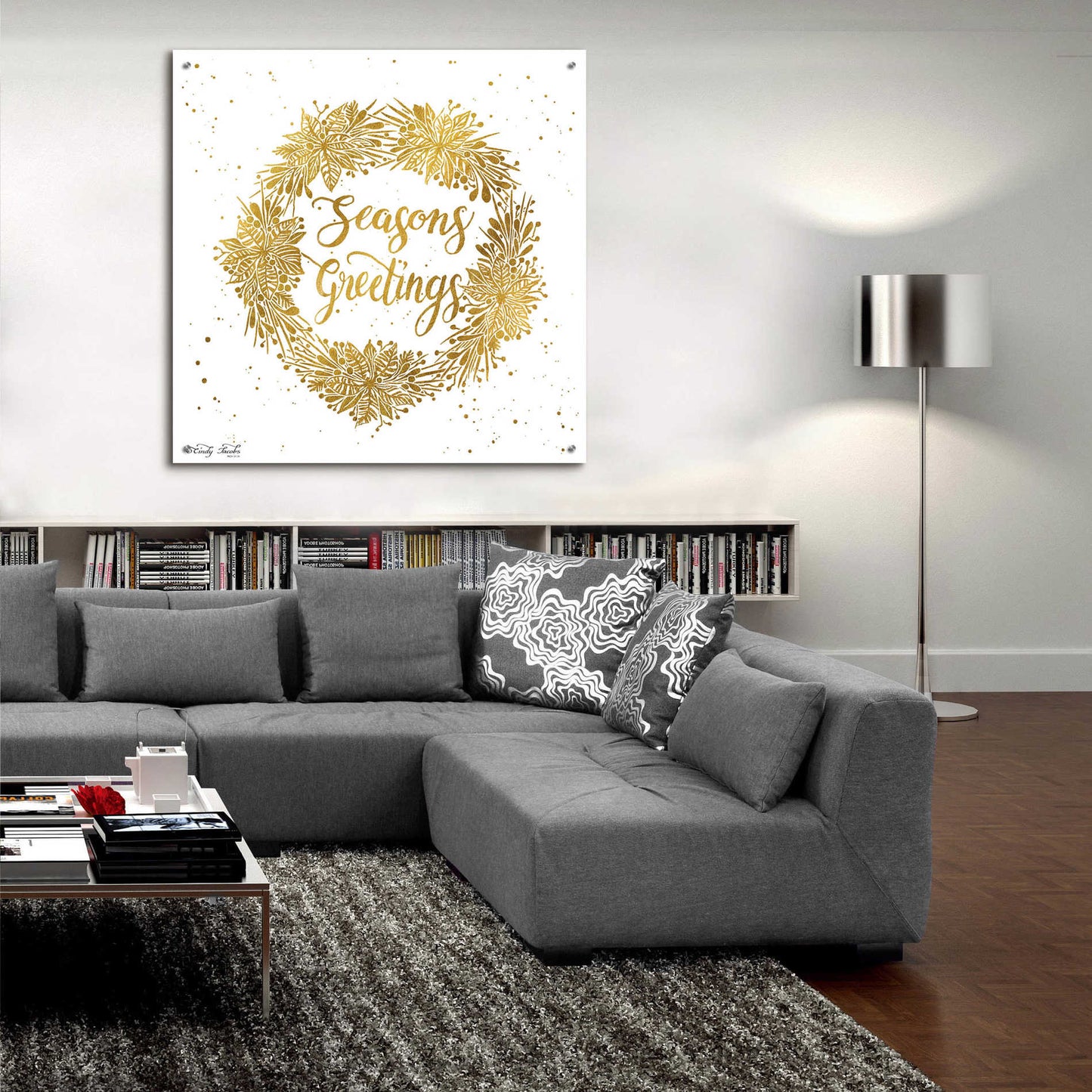Epic Art 'Seasons Greetings Gold Wreath' by Cindy Jacobs, Acrylic Glass Wall Art,36x36