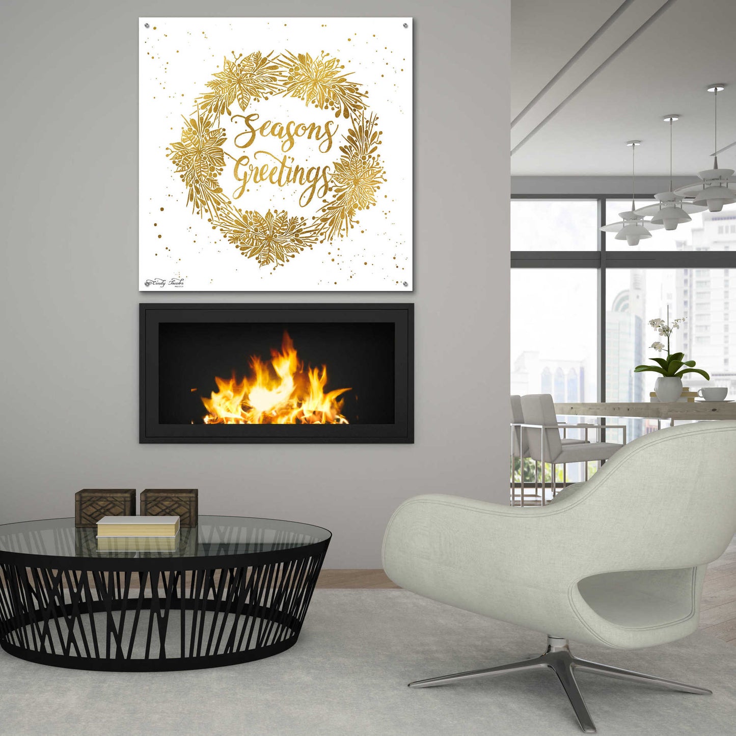 Epic Art 'Seasons Greetings Gold Wreath' by Cindy Jacobs, Acrylic Glass Wall Art,36x36