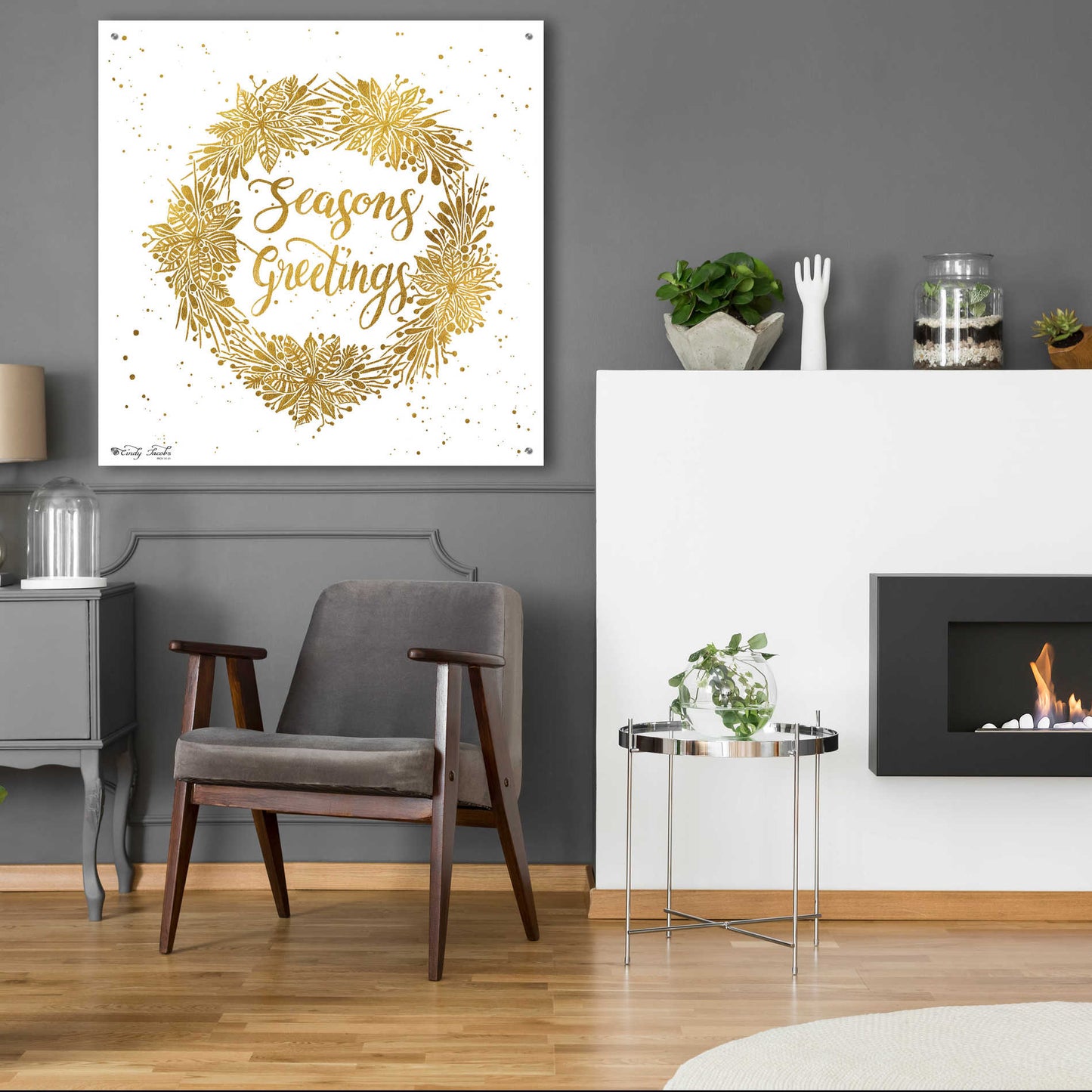 Epic Art 'Seasons Greetings Gold Wreath' by Cindy Jacobs, Acrylic Glass Wall Art,36x36