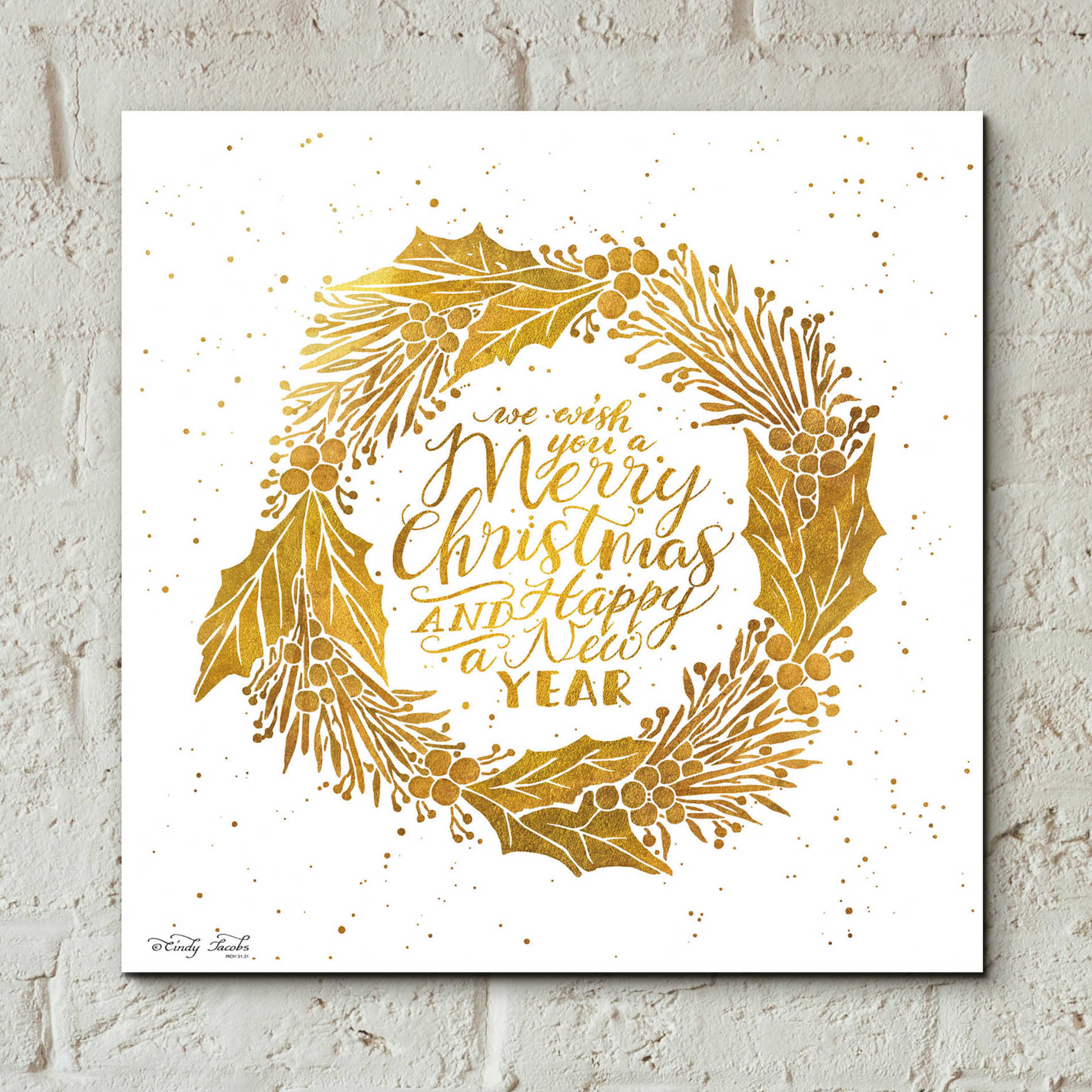 Epic Art 'Christmas and New Year Gold Wreath' by Cindy Jacobs, Acrylic Glass Wall Art,12x12