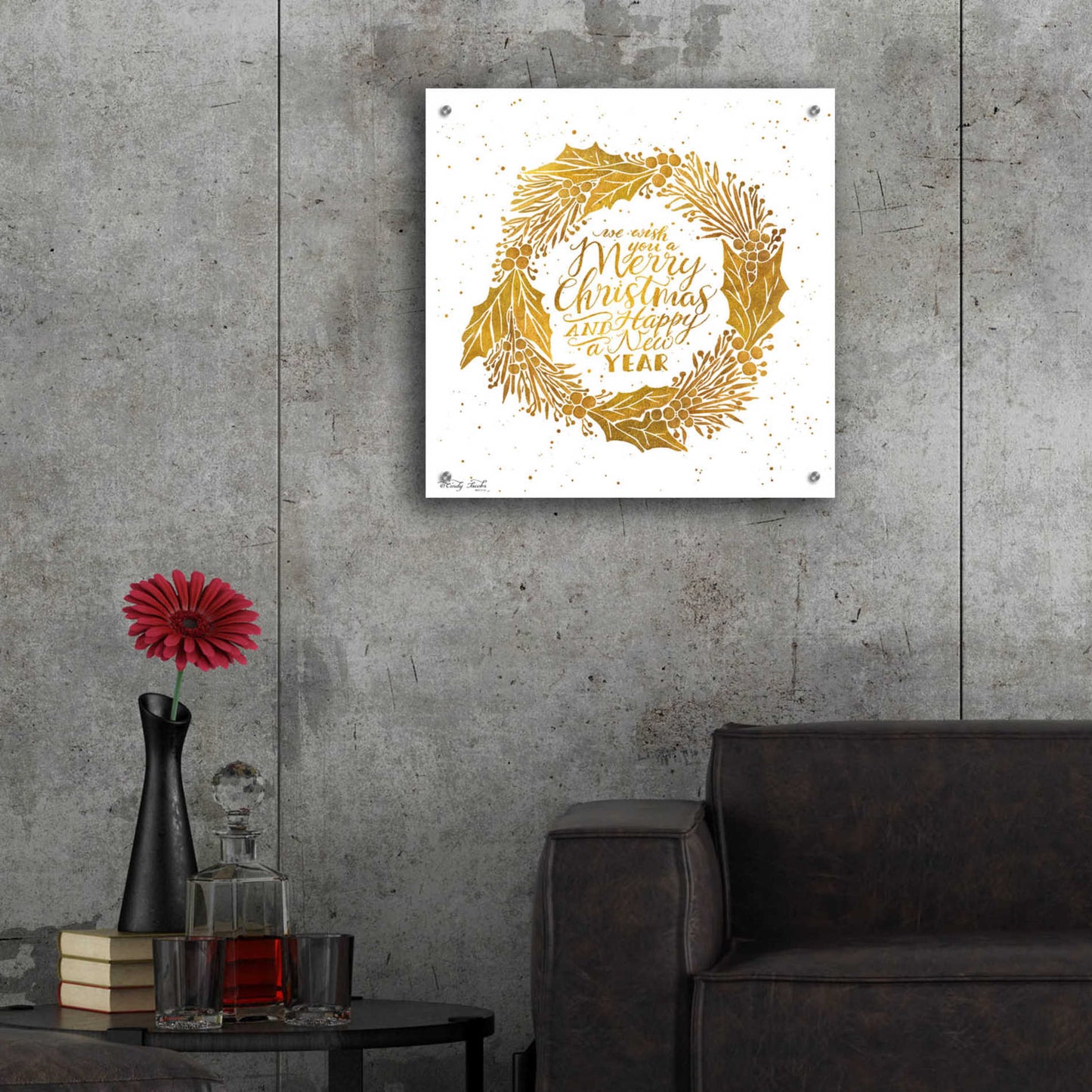 Epic Art 'Christmas and New Year Gold Wreath' by Cindy Jacobs, Acrylic Glass Wall Art,24x24