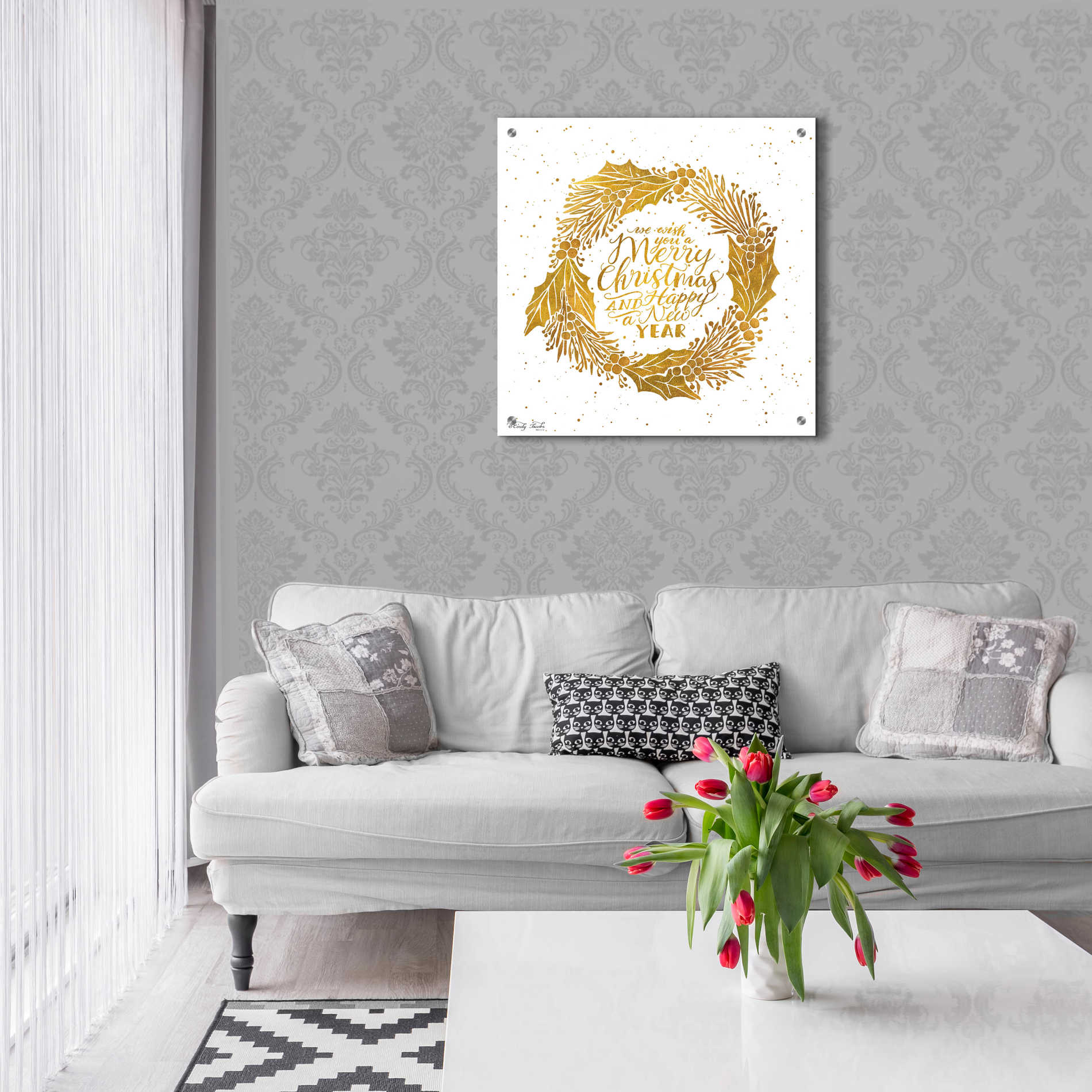 Epic Art 'Christmas and New Year Gold Wreath' by Cindy Jacobs, Acrylic Glass Wall Art,24x24