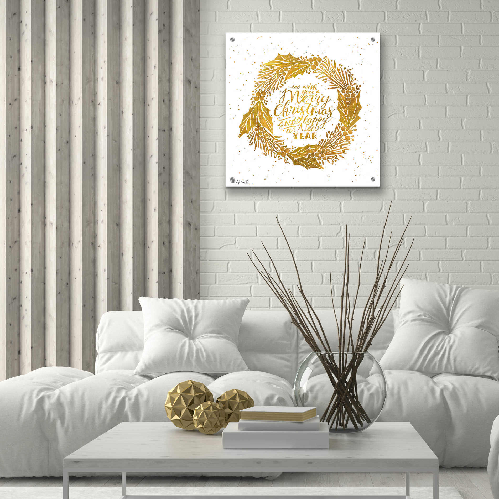 Epic Art 'Christmas and New Year Gold Wreath' by Cindy Jacobs, Acrylic Glass Wall Art,24x24