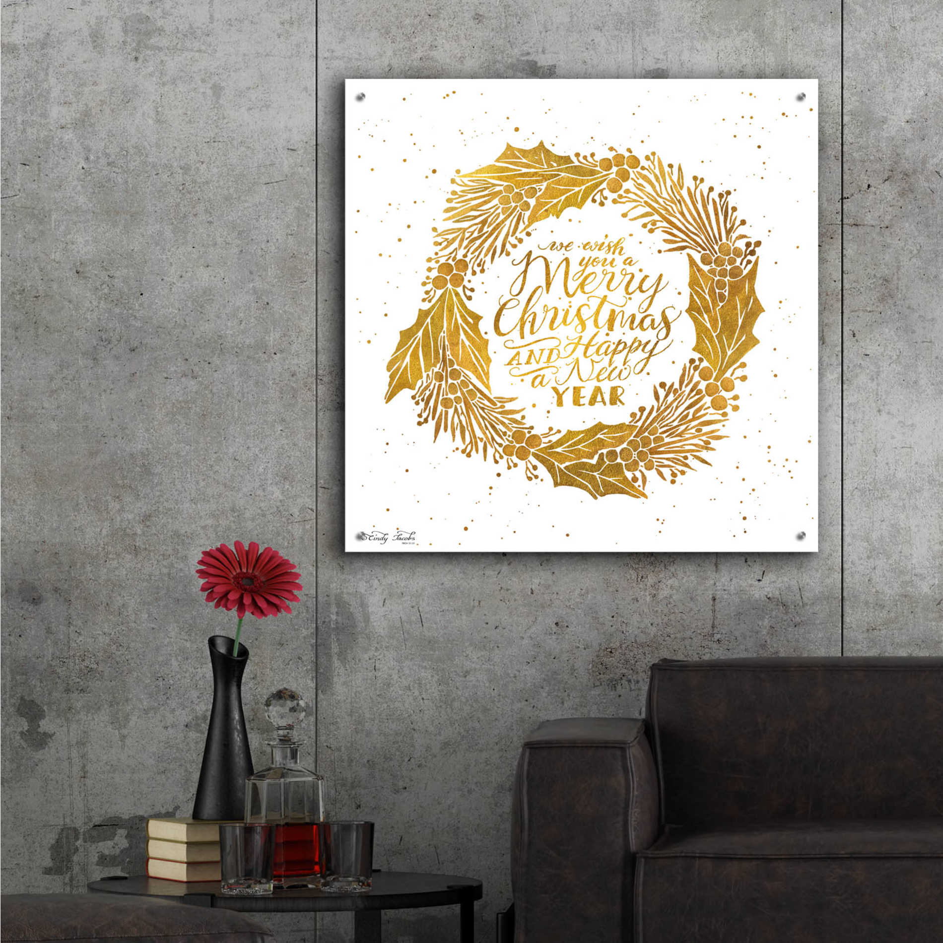 Epic Art 'Christmas and New Year Gold Wreath' by Cindy Jacobs, Acrylic Glass Wall Art,36x36