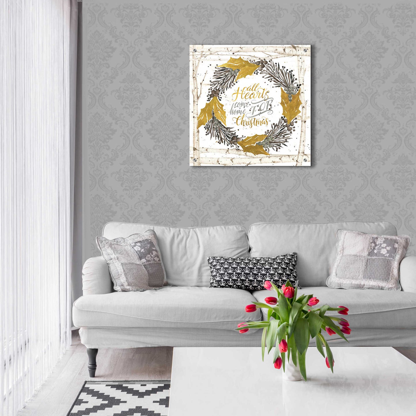 Epic Art 'All Hearts Come Home for Christmas Birch Wreath' by Cindy Jacobs, Acrylic Glass Wall Art,24x24