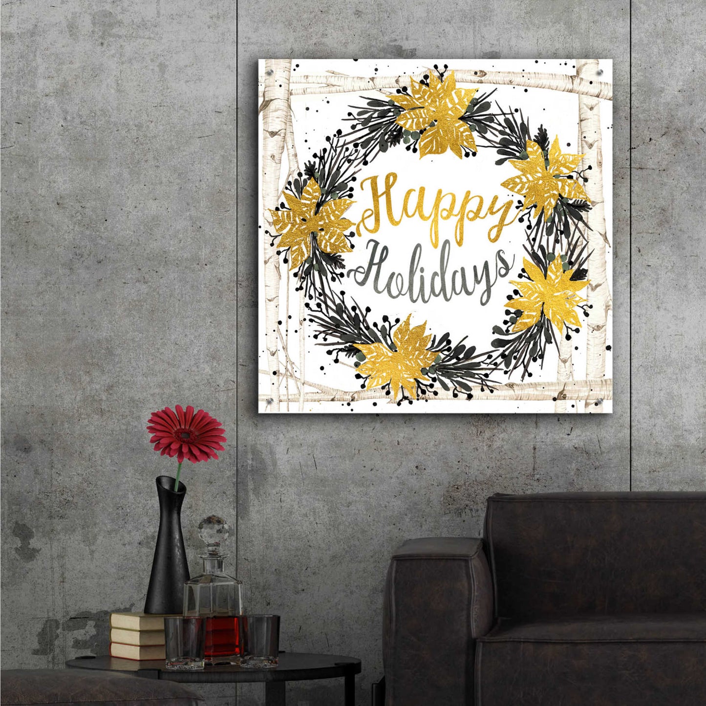 Epic Art 'Happy Holidays Birch Wreath' by Cindy Jacobs, Acrylic Glass Wall Art,36x36