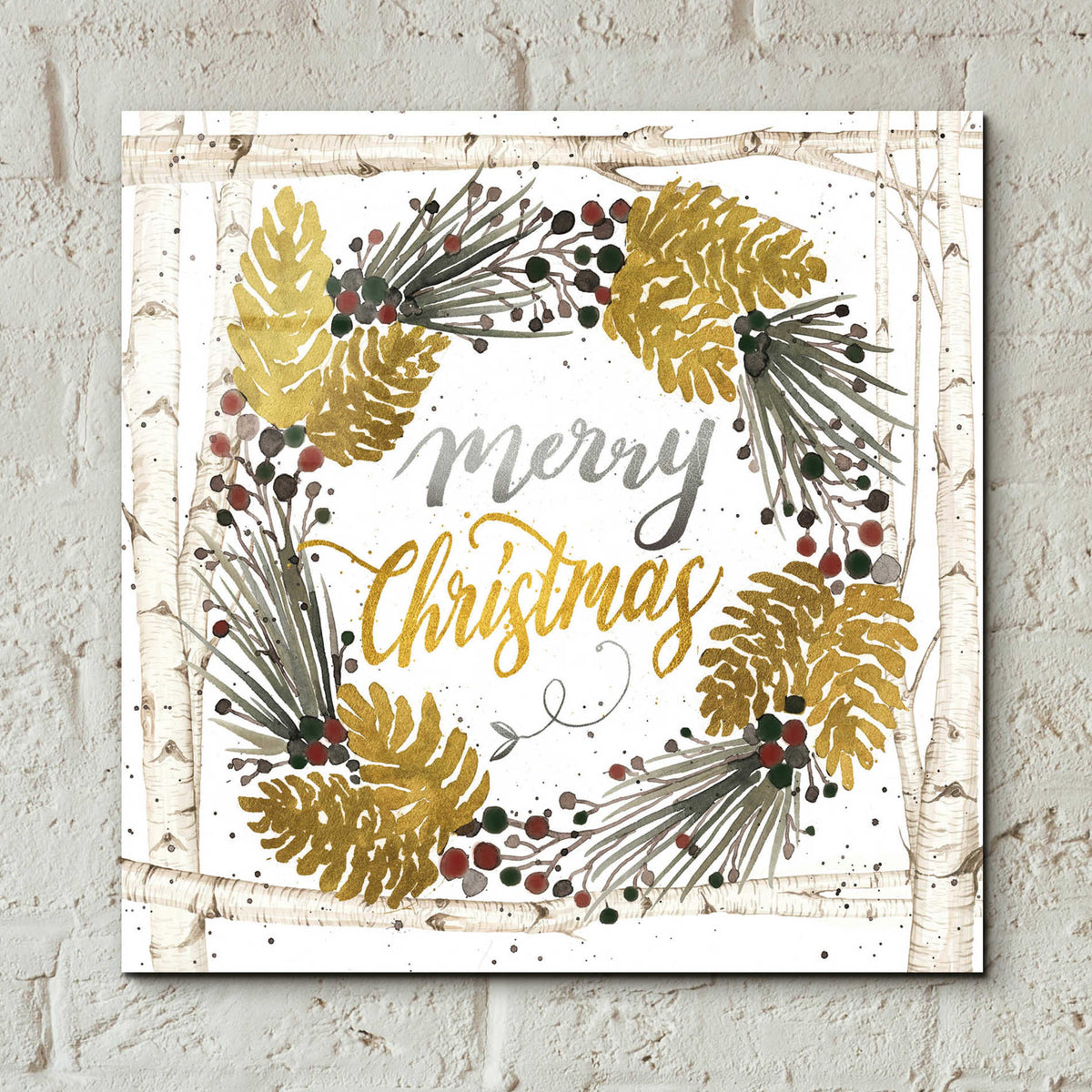 Epic Art 'Merry Christmas Birch Wreath with Berries' by Cindy Jacobs, Acrylic Glass Wall Art,12x12