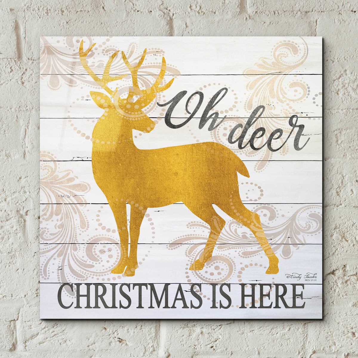 Epic Art 'Oh Deer Christmas is Here' by Cindy Jacobs, Acrylic Glass Wall Art,12x12