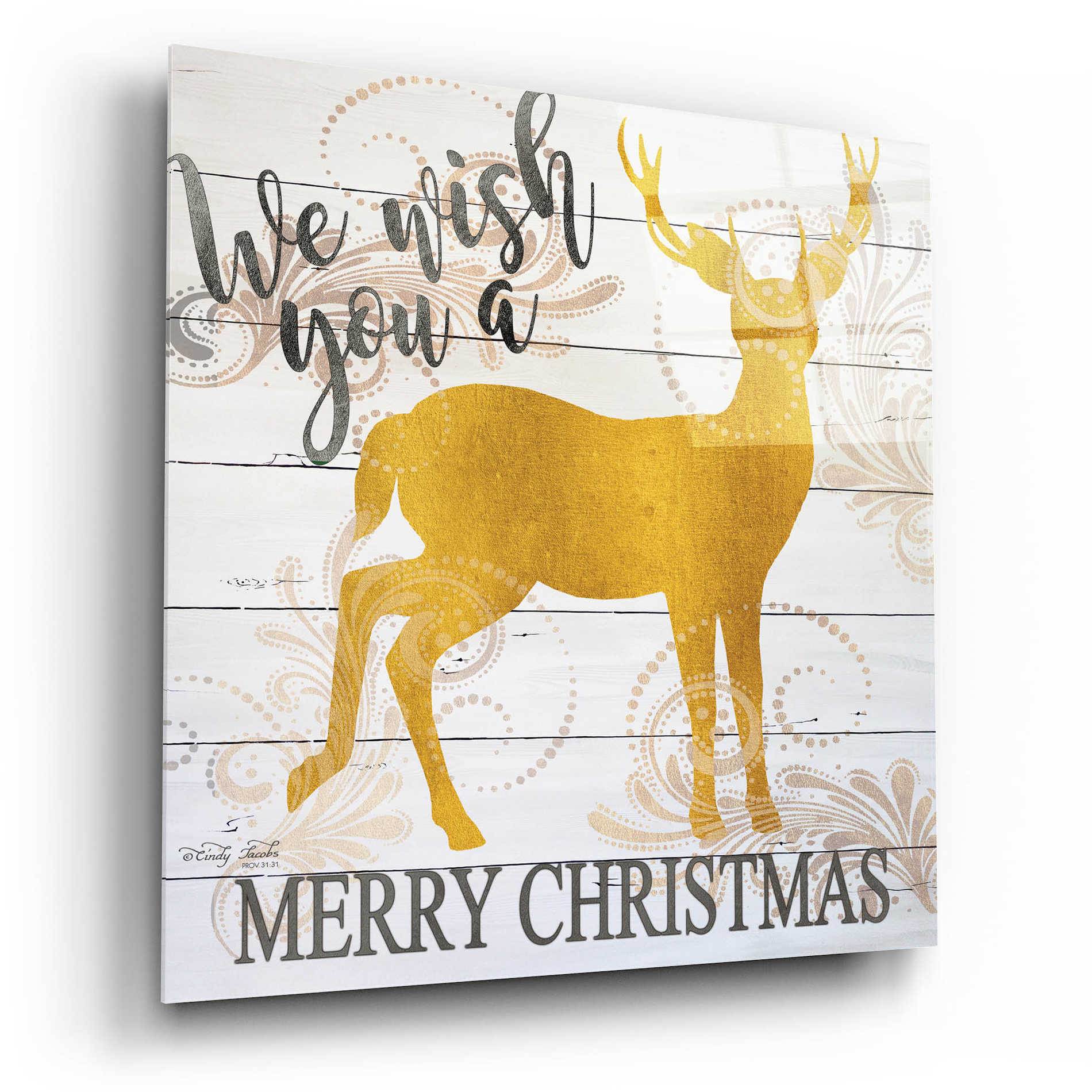 Epic Art 'We Wish You a Merry Christmas Deer' by Cindy Jacobs, Acrylic Glass Wall Art,12x12