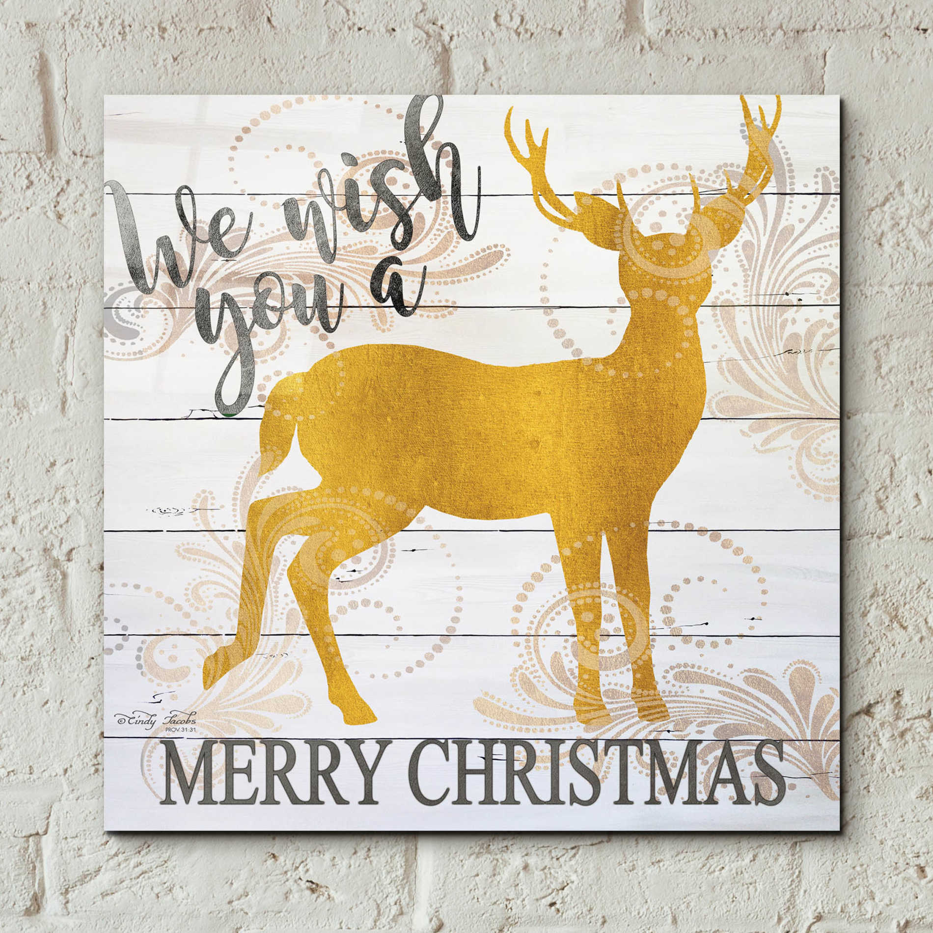 Epic Art 'We Wish You a Merry Christmas Deer' by Cindy Jacobs, Acrylic Glass Wall Art,12x12