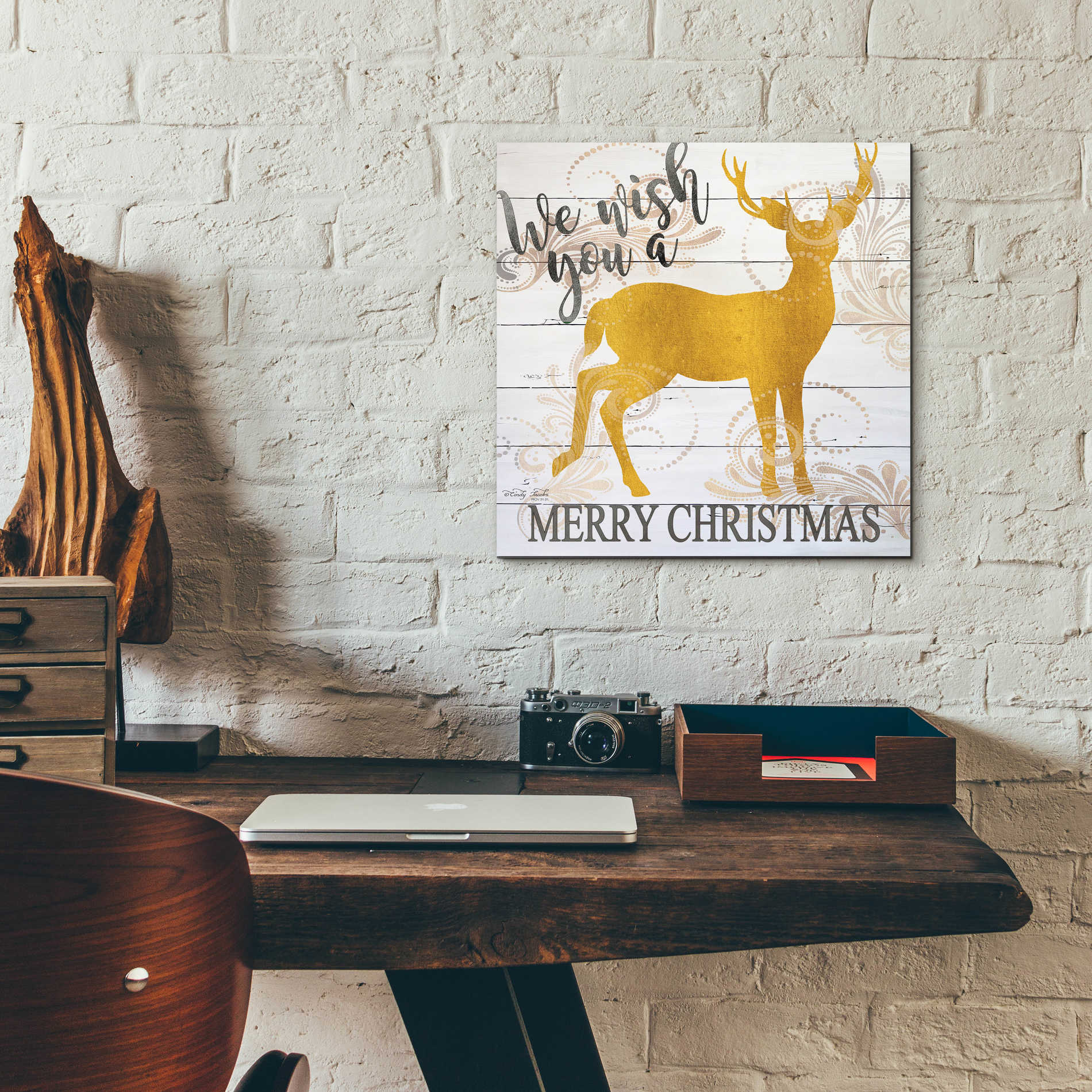 Epic Art 'We Wish You a Merry Christmas Deer' by Cindy Jacobs, Acrylic Glass Wall Art,12x12