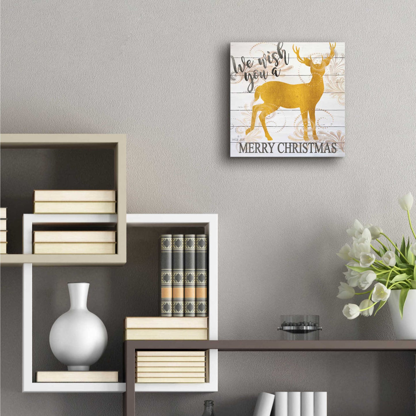 Epic Art 'We Wish You a Merry Christmas Deer' by Cindy Jacobs, Acrylic Glass Wall Art,12x12