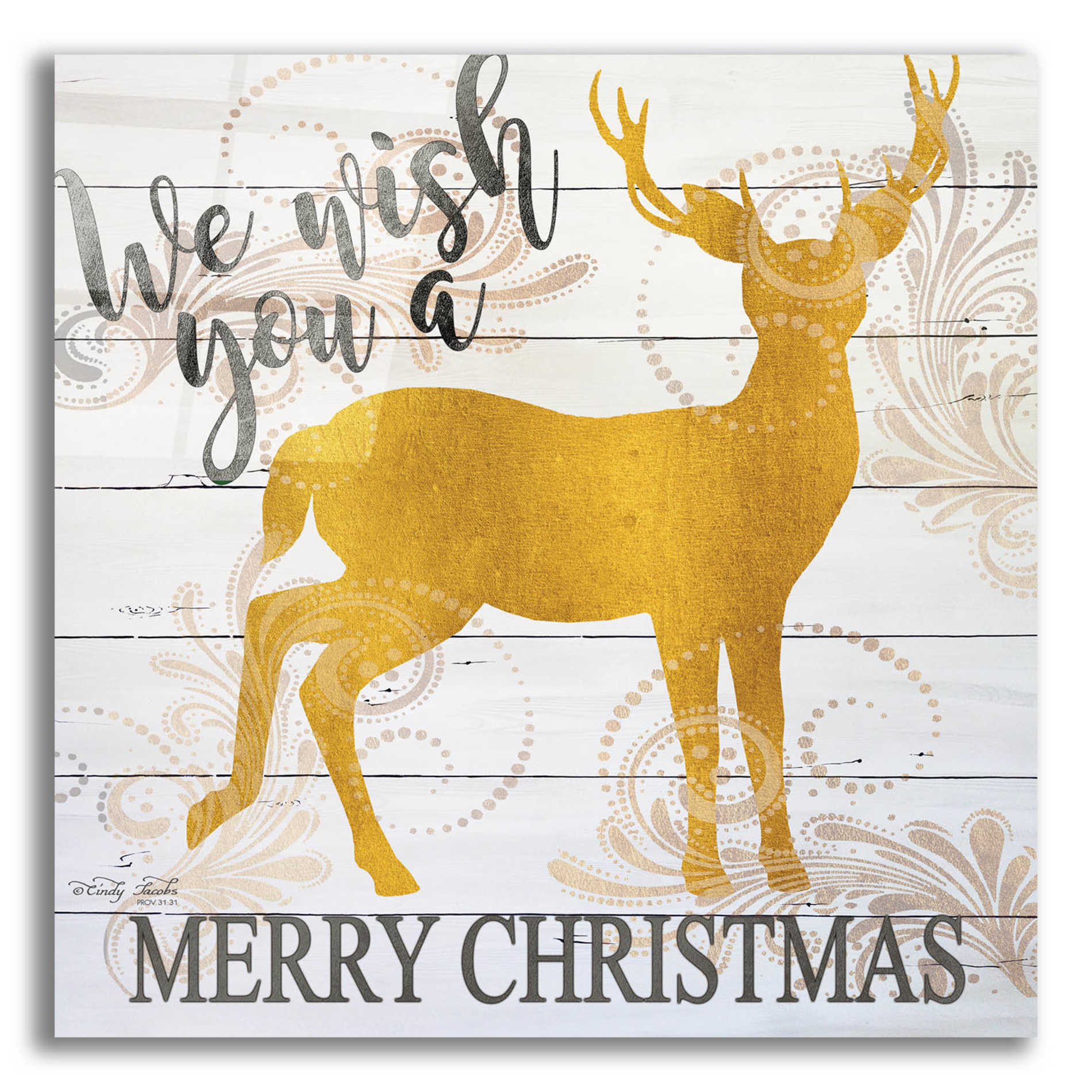 Epic Art 'We Wish You a Merry Christmas Deer' by Cindy Jacobs, Acrylic Glass Wall Art,12x12