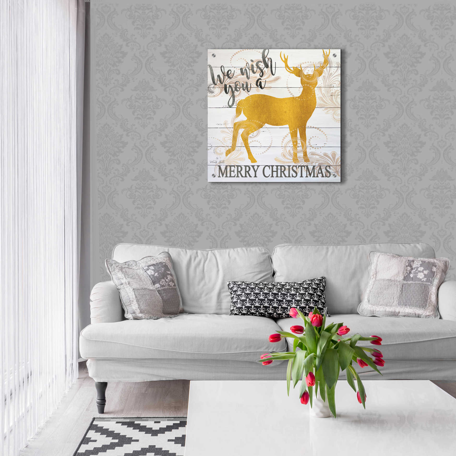 Epic Art 'We Wish You a Merry Christmas Deer' by Cindy Jacobs, Acrylic Glass Wall Art,24x24