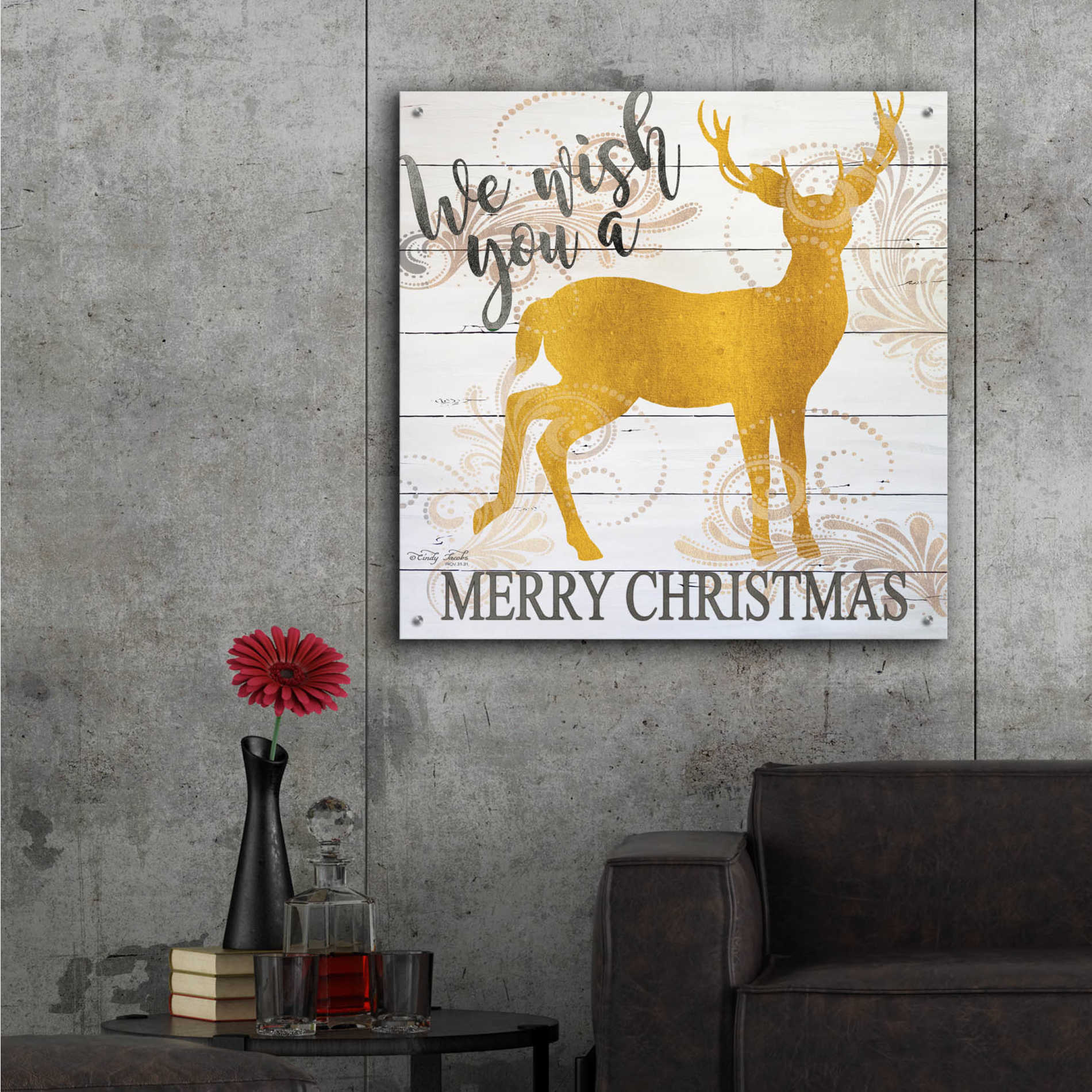 Epic Art 'We Wish You a Merry Christmas Deer' by Cindy Jacobs, Acrylic Glass Wall Art,36x36