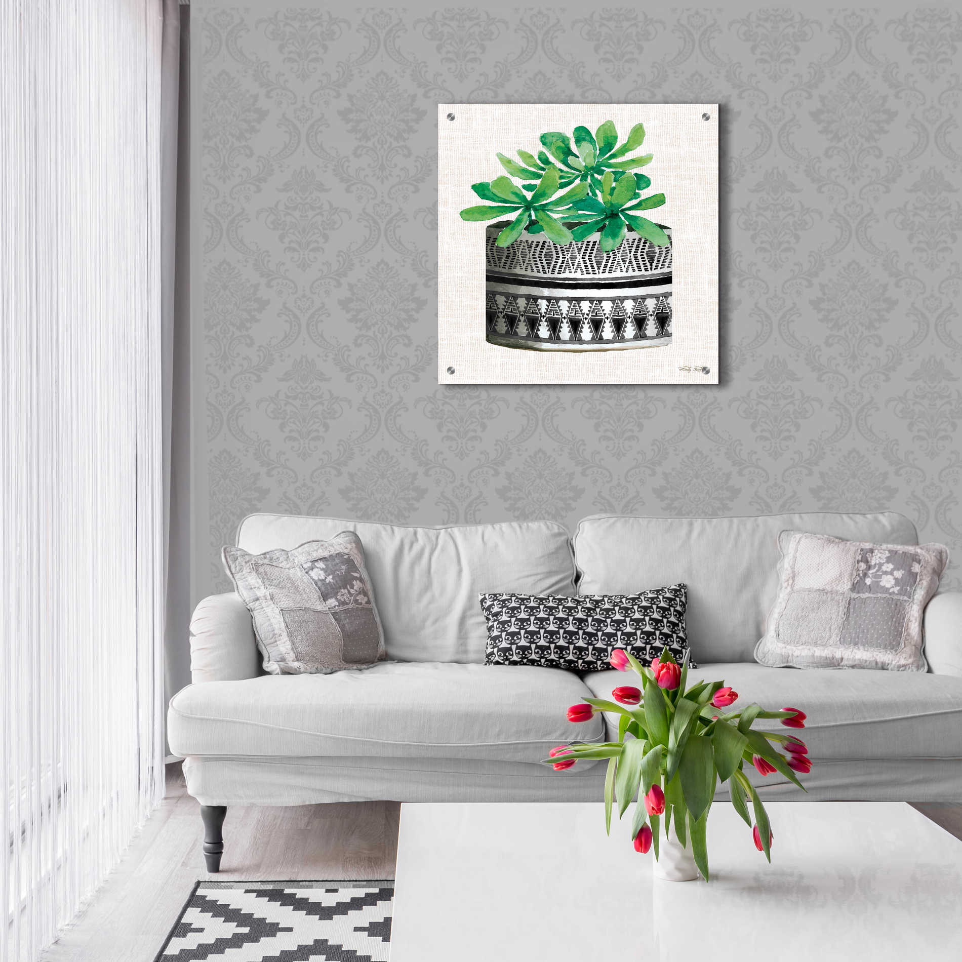 Epic Art 'Cactus Mud Cloth Vase II' by Cindy Jacobs, Acrylic Glass Wall Art,24x24