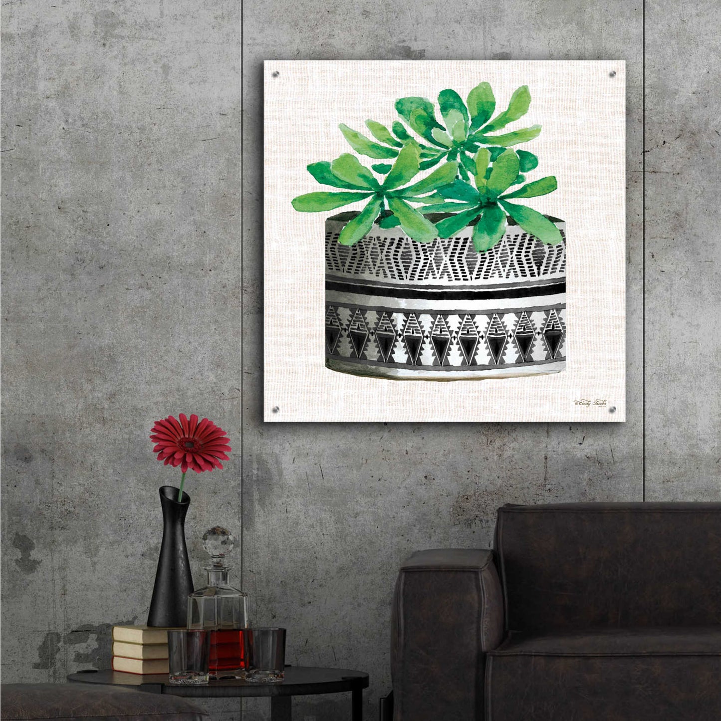 Epic Art 'Cactus Mud Cloth Vase II' by Cindy Jacobs, Acrylic Glass Wall Art,36x36