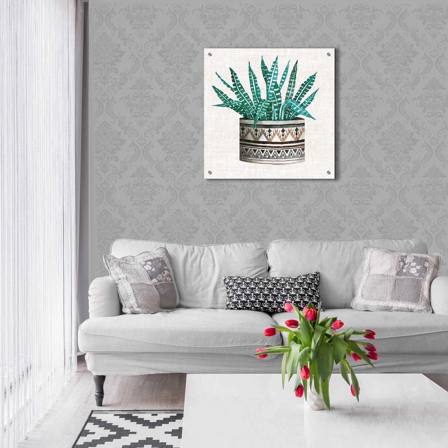 Epic Art 'Cactus Mud Cloth Vase III' by Cindy Jacobs, Acrylic Glass Wall Art,24x24