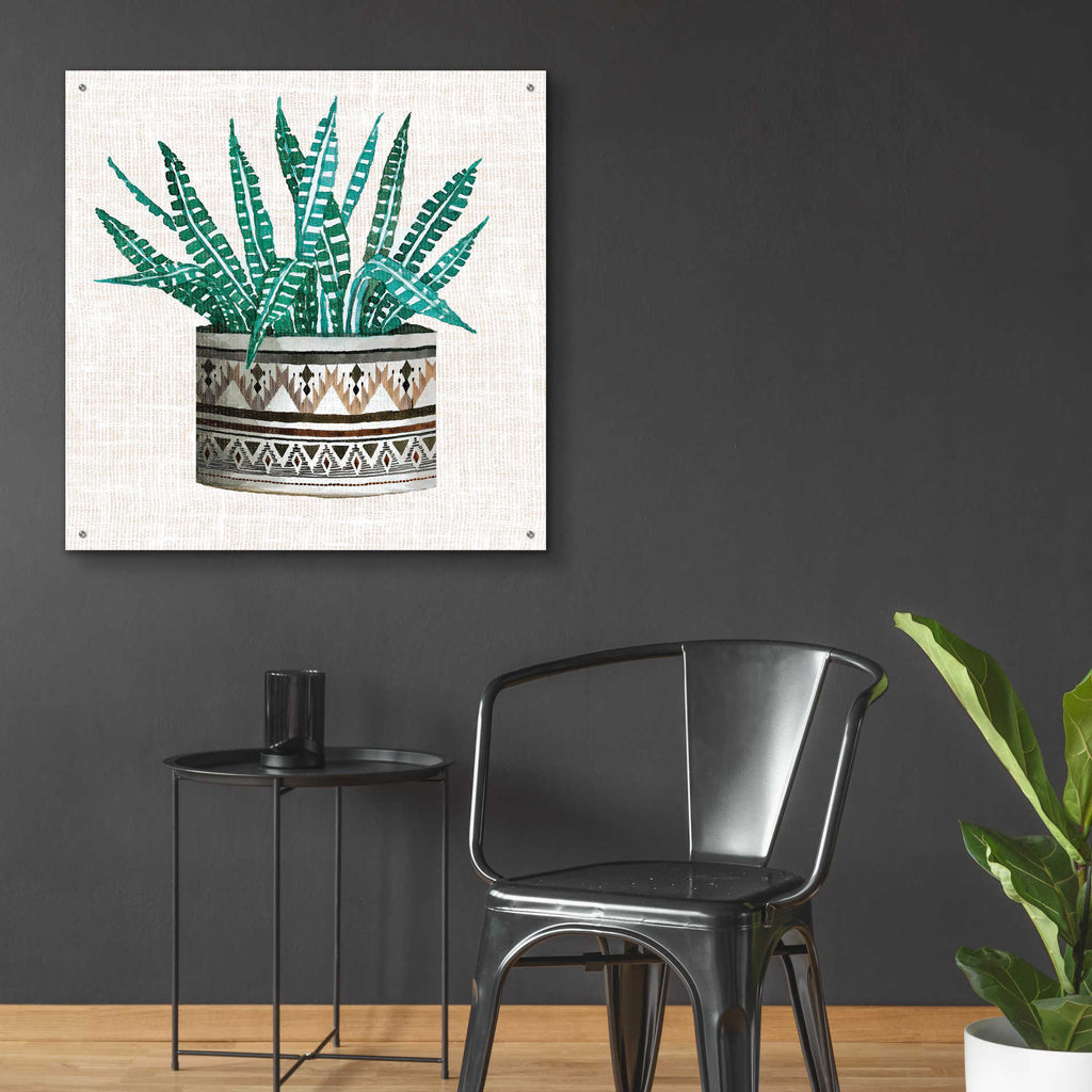 Epic Art 'Cactus Mud Cloth Vase III' by Cindy Jacobs, Acrylic Glass Wall Art,36x36