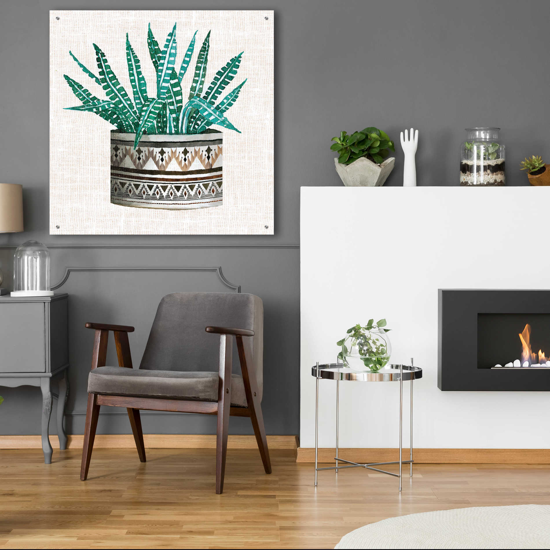Epic Art 'Cactus Mud Cloth Vase III' by Cindy Jacobs, Acrylic Glass Wall Art,36x36