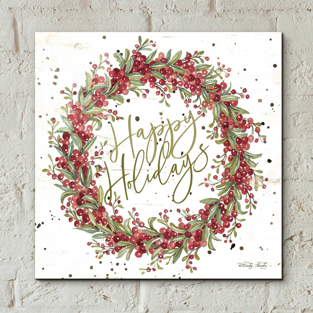 Epic Art 'Happy Holidays Berry Wreath' by Cindy Jacobs, Acrylic Glass Wall Art,12x12