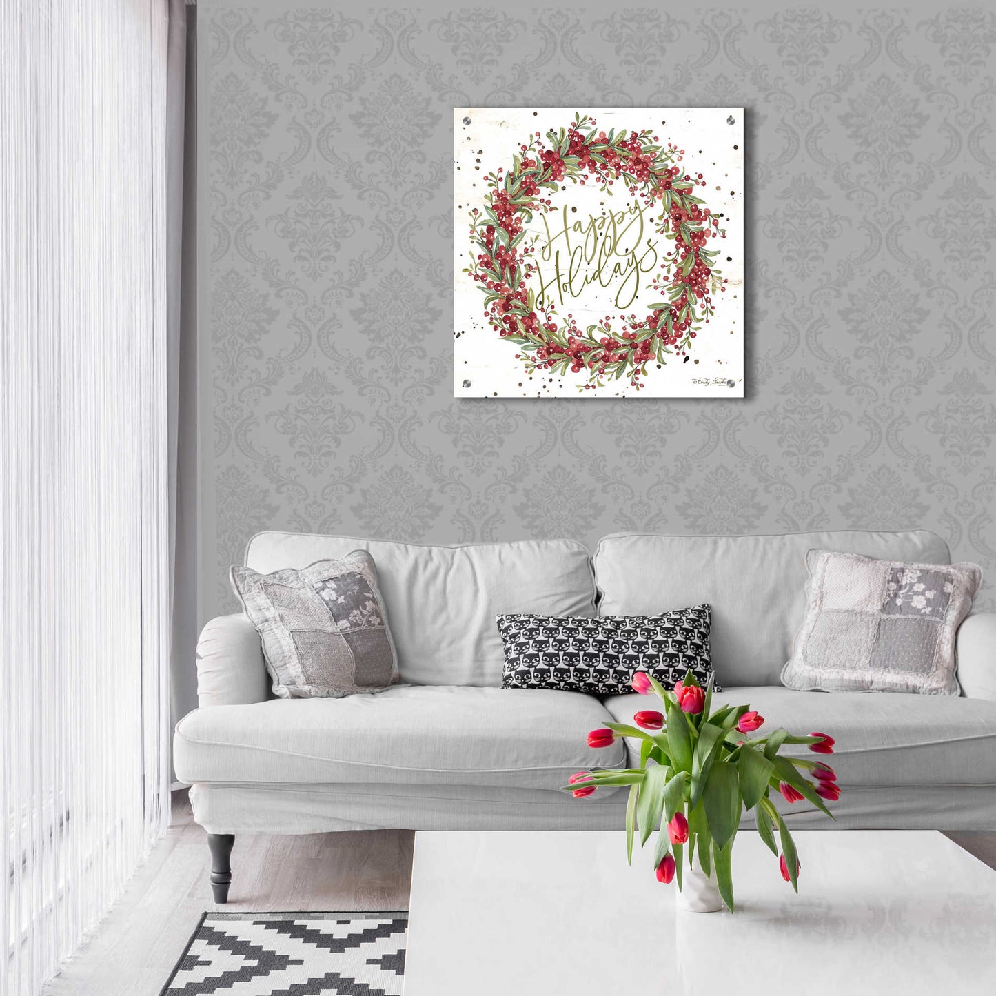 Epic Art 'Happy Holidays Berry Wreath' by Cindy Jacobs, Acrylic Glass Wall Art,24x24