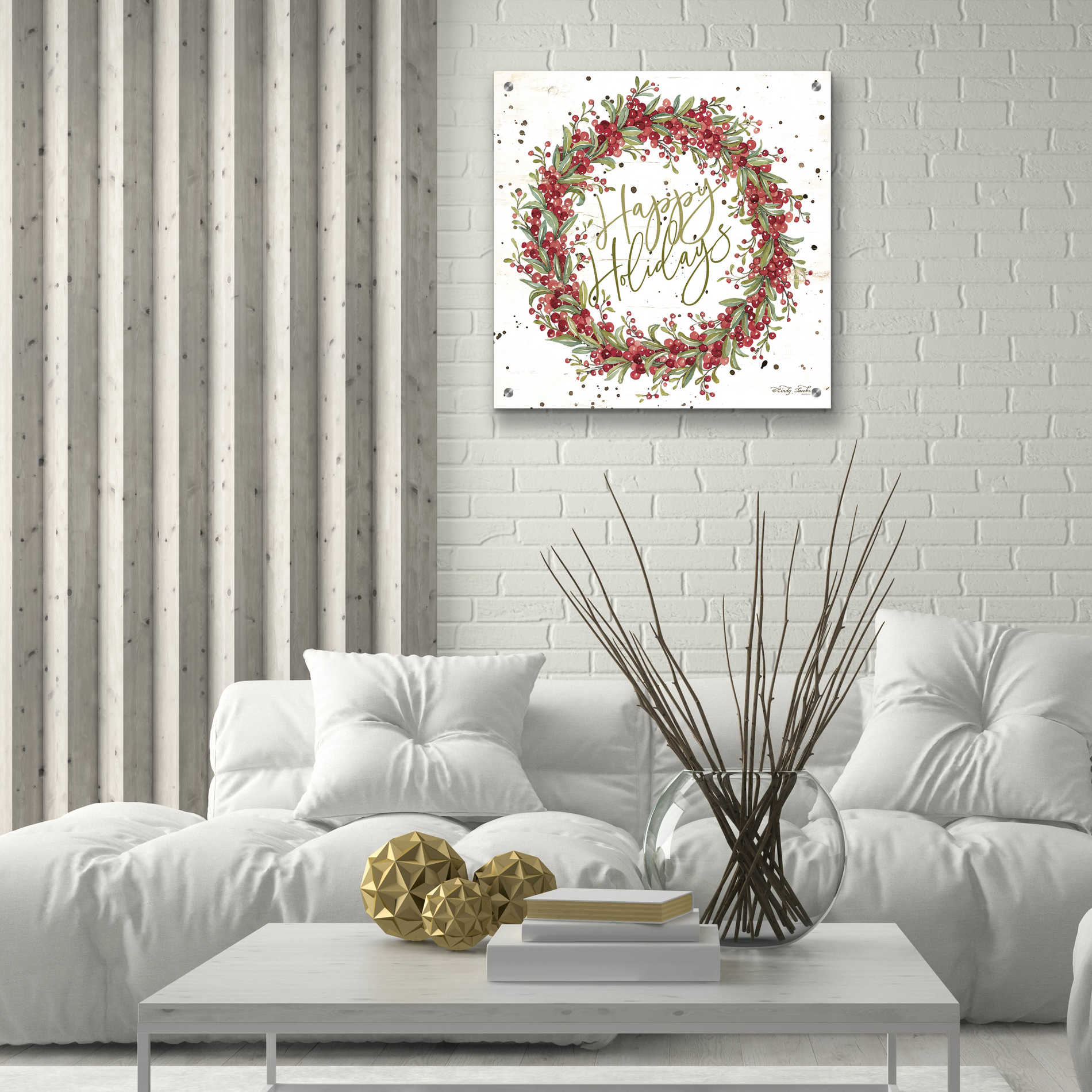 Epic Art 'Happy Holidays Berry Wreath' by Cindy Jacobs, Acrylic Glass Wall Art,24x24