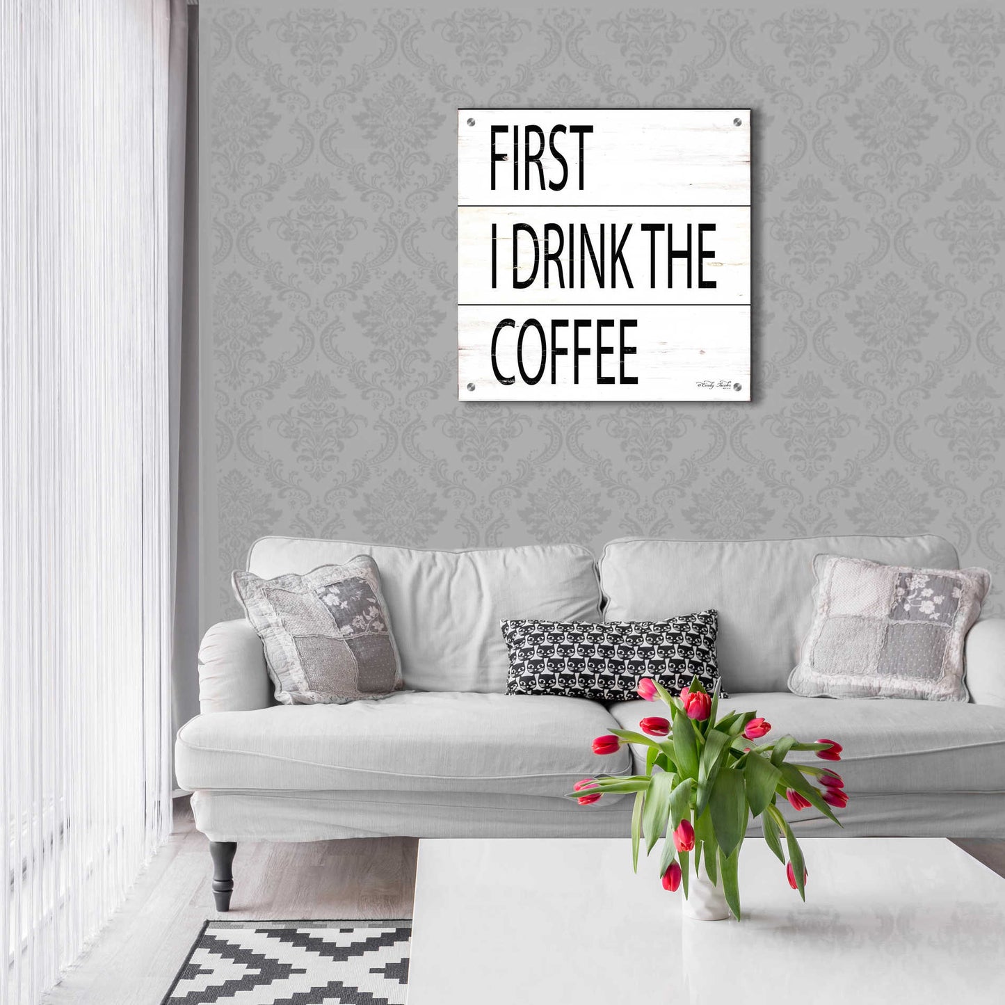 Epic Art 'First I Drink the Coffee' by Cindy Jacobs, Acrylic Glass Wall Art,24x24