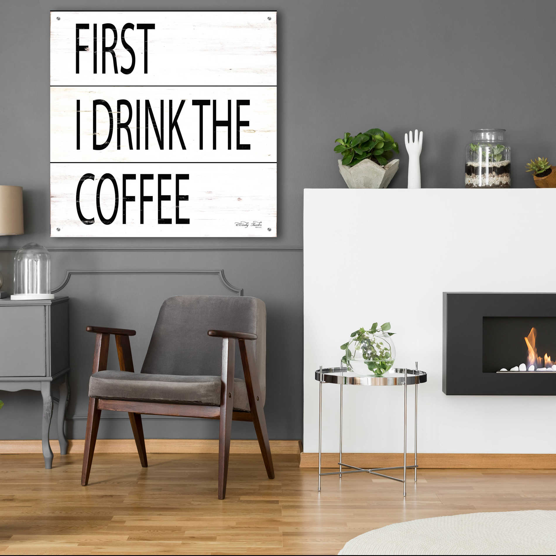 Epic Art 'First I Drink the Coffee' by Cindy Jacobs, Acrylic Glass Wall Art,36x36