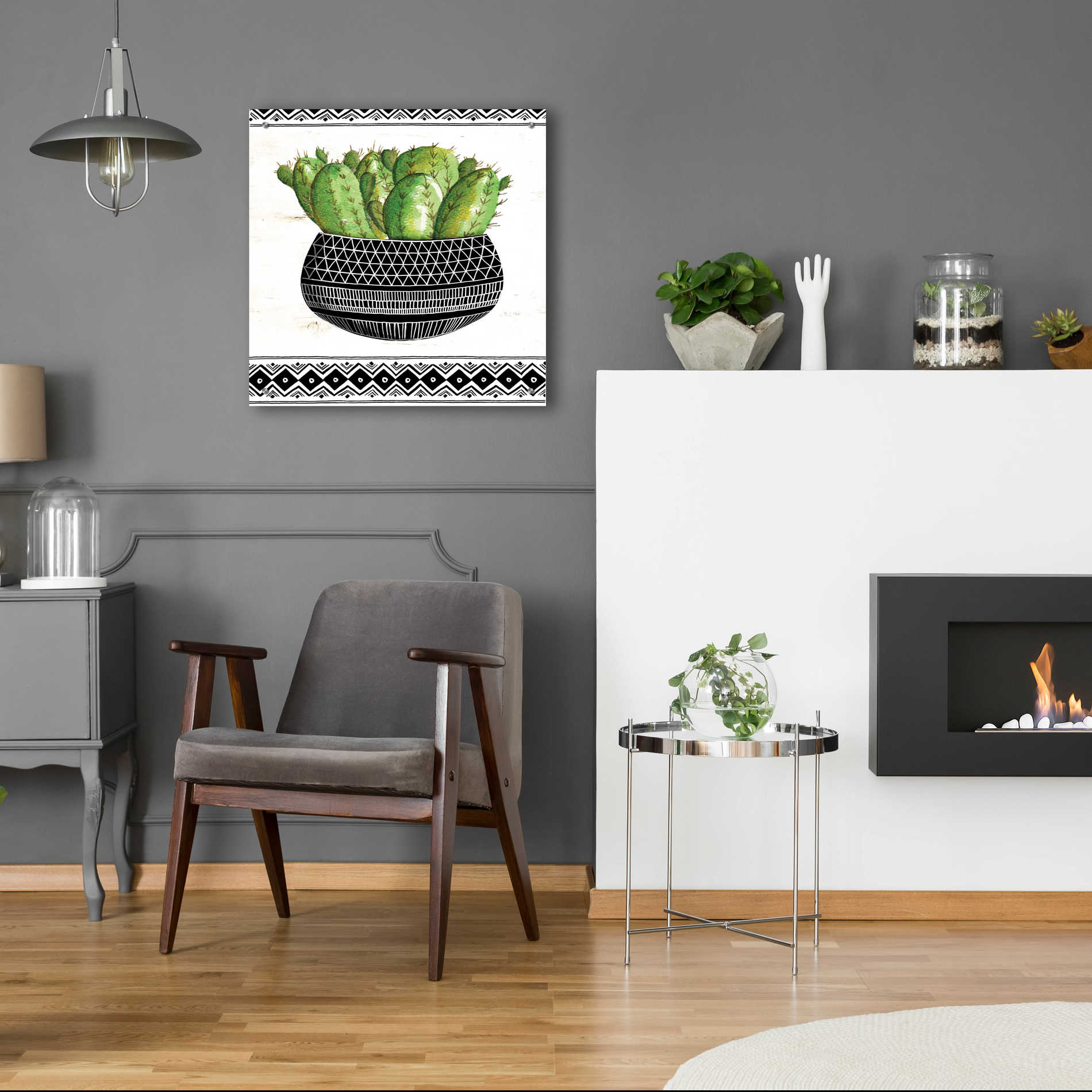 Epic Art 'Mud Cloth Black and White Succulent I' by Cindy Jacobs, Acrylic Glass Wall Art,24x24