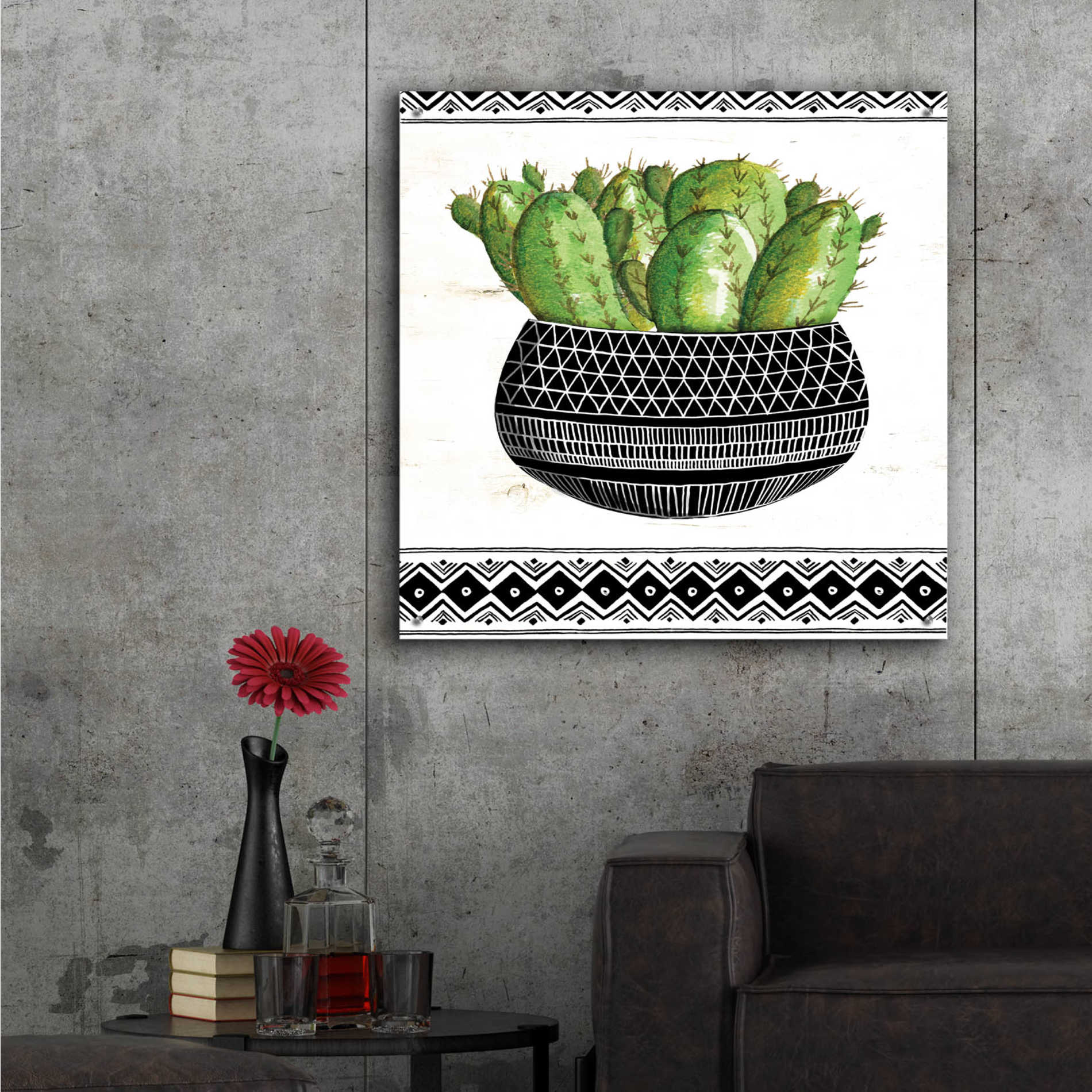 Epic Art 'Mud Cloth Black and White Succulent I' by Cindy Jacobs, Acrylic Glass Wall Art,36x36