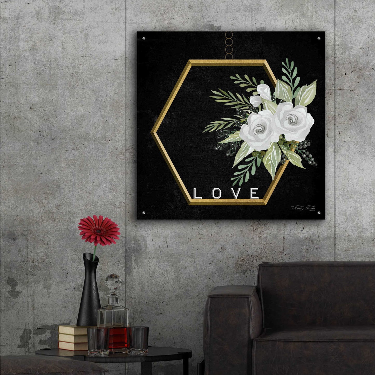 Epic Art 'Geometric Hexagon Muted Floral' by Cindy Jacobs, Acrylic Glass Wall Art,36x36